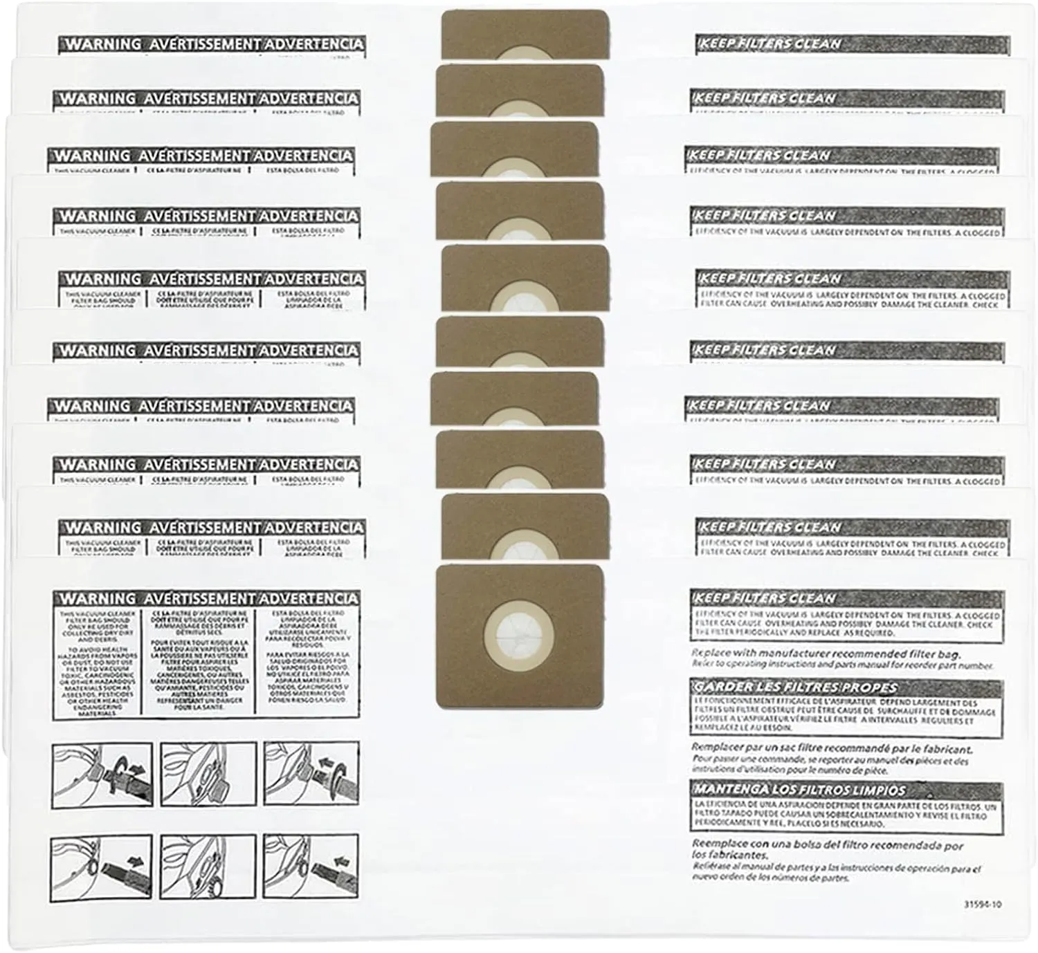 10 Pack 90669 All Around Collection Bags, part # 9066900 9066933, compatible with Shop-Vac 3 Gallon Wet/Dry Vacs, Type C Vacuum Bags