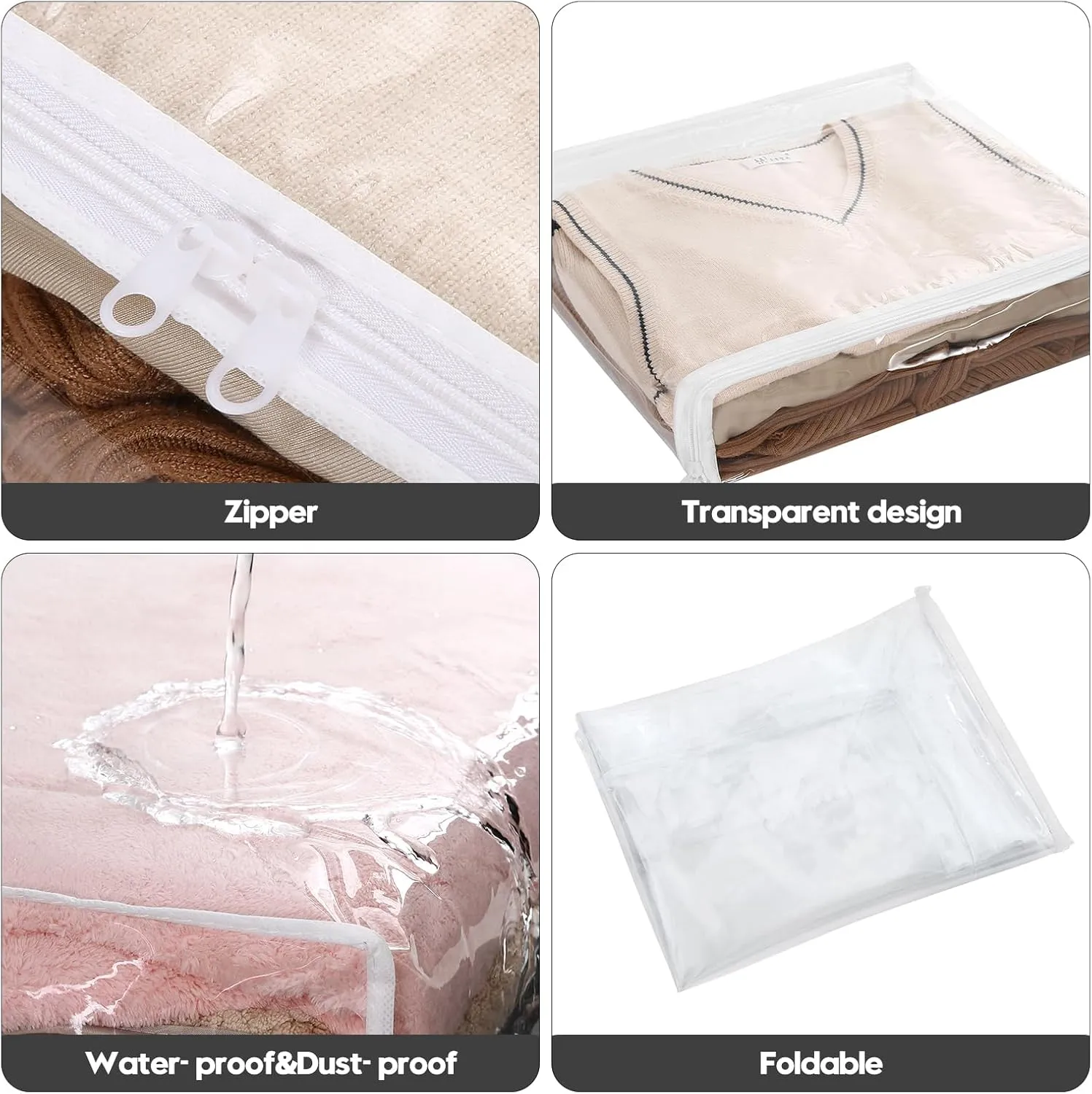 10 PCS Clear Zippered Storage Bags, Sweater Storage with Two-way Zipper, Foldable Closet Organizer Bed Sheet Organizer, Cube Plastic Storage Organizer,Bag,Bin,for Clothes,Towel-15.7*13.78*3.9