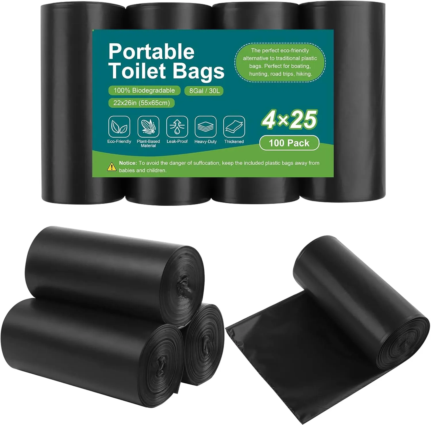 100 Portable Toilet Bags, Drawstring Biodegradable Camping Potty Bags 8 Gallon Waste Bags for 5-8 Gallon Bucket Toilet Adults Outdoor Camping Car