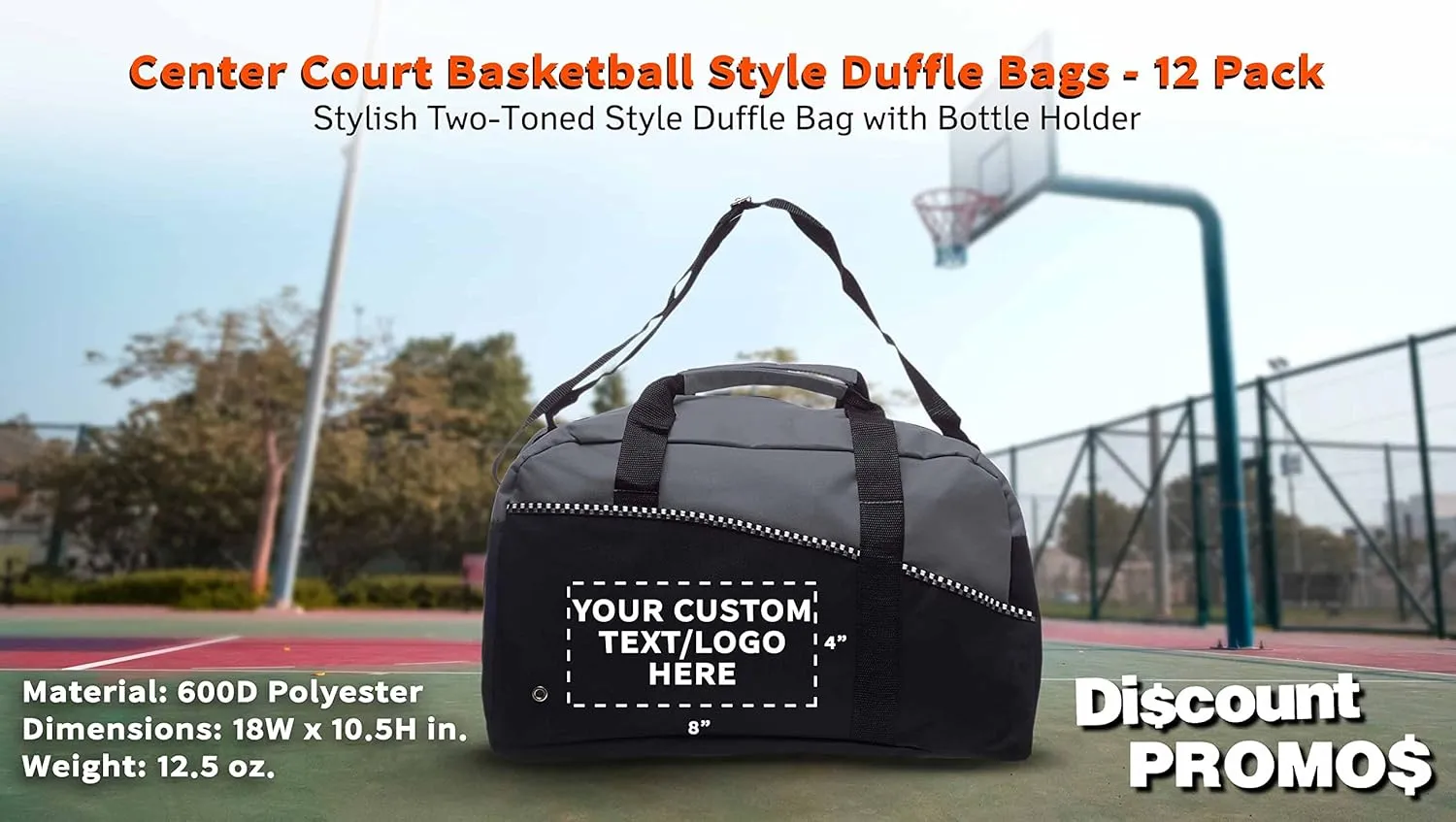 12 Center Court Duffel Bags Set - Customizable Text, Logo - Polyester, Zippered, Front Pocket, Adjustable Strap - Grey