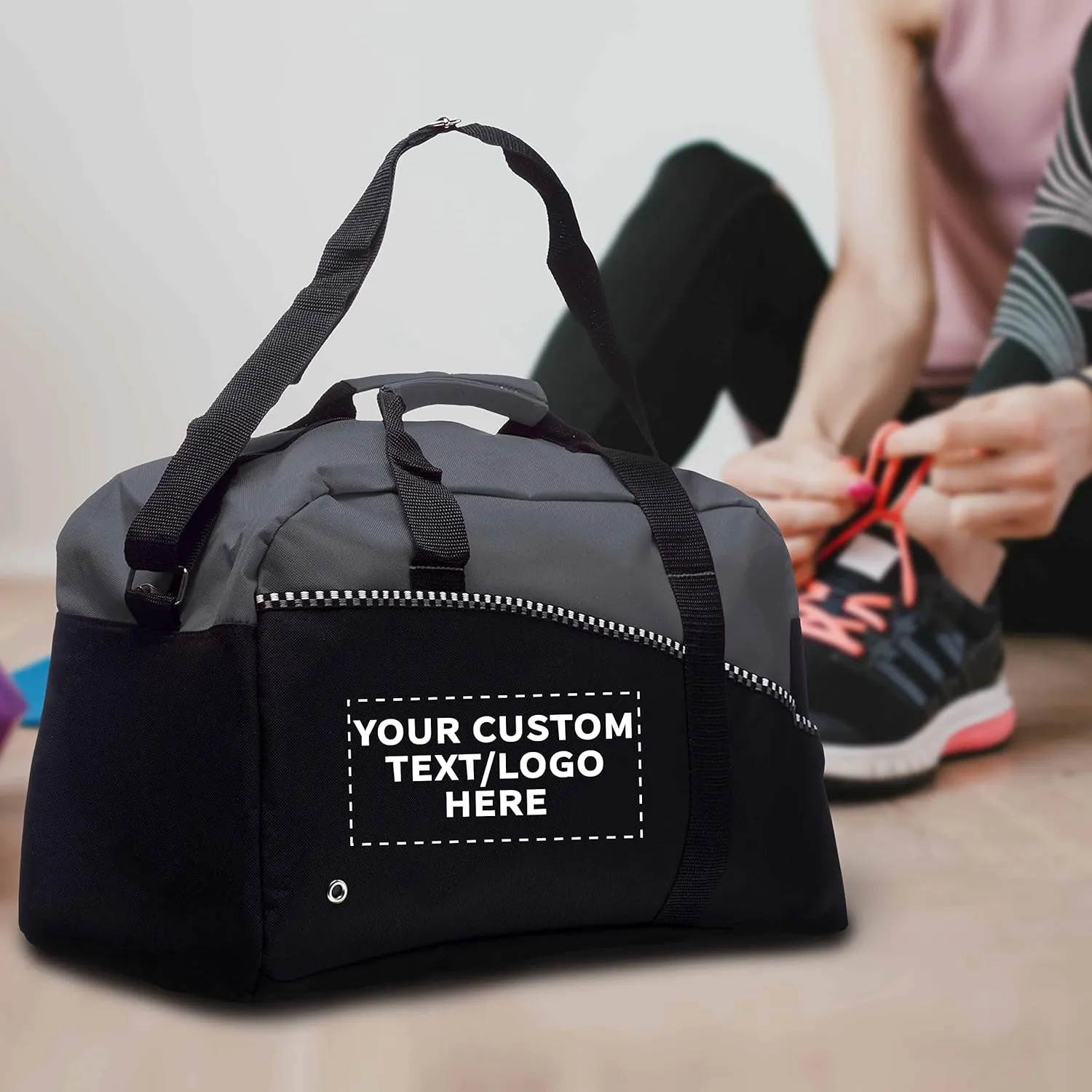 12 Center Court Duffel Bags Set - Customizable Text, Logo - Polyester, Zippered, Front Pocket, Adjustable Strap - Grey