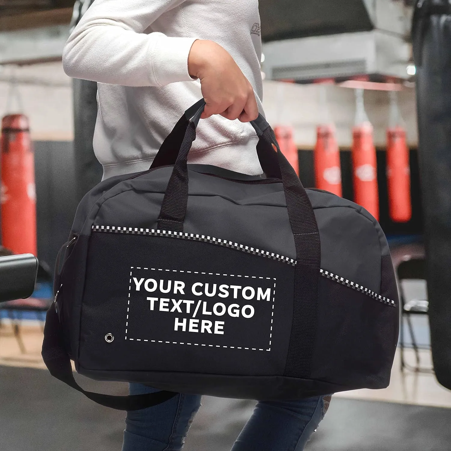 12 Center Court Duffel Bags Set - Customizable Text, Logo - Polyester, Zippered, Front Pocket, Adjustable Strap - Grey