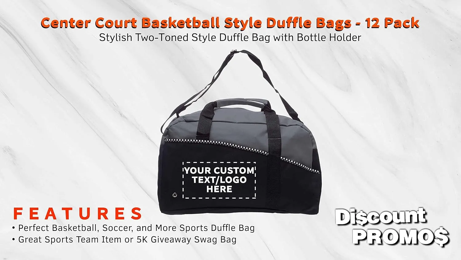 12 Center Court Duffel Bags Set - Customizable Text, Logo - Polyester, Zippered, Front Pocket, Adjustable Strap - Grey