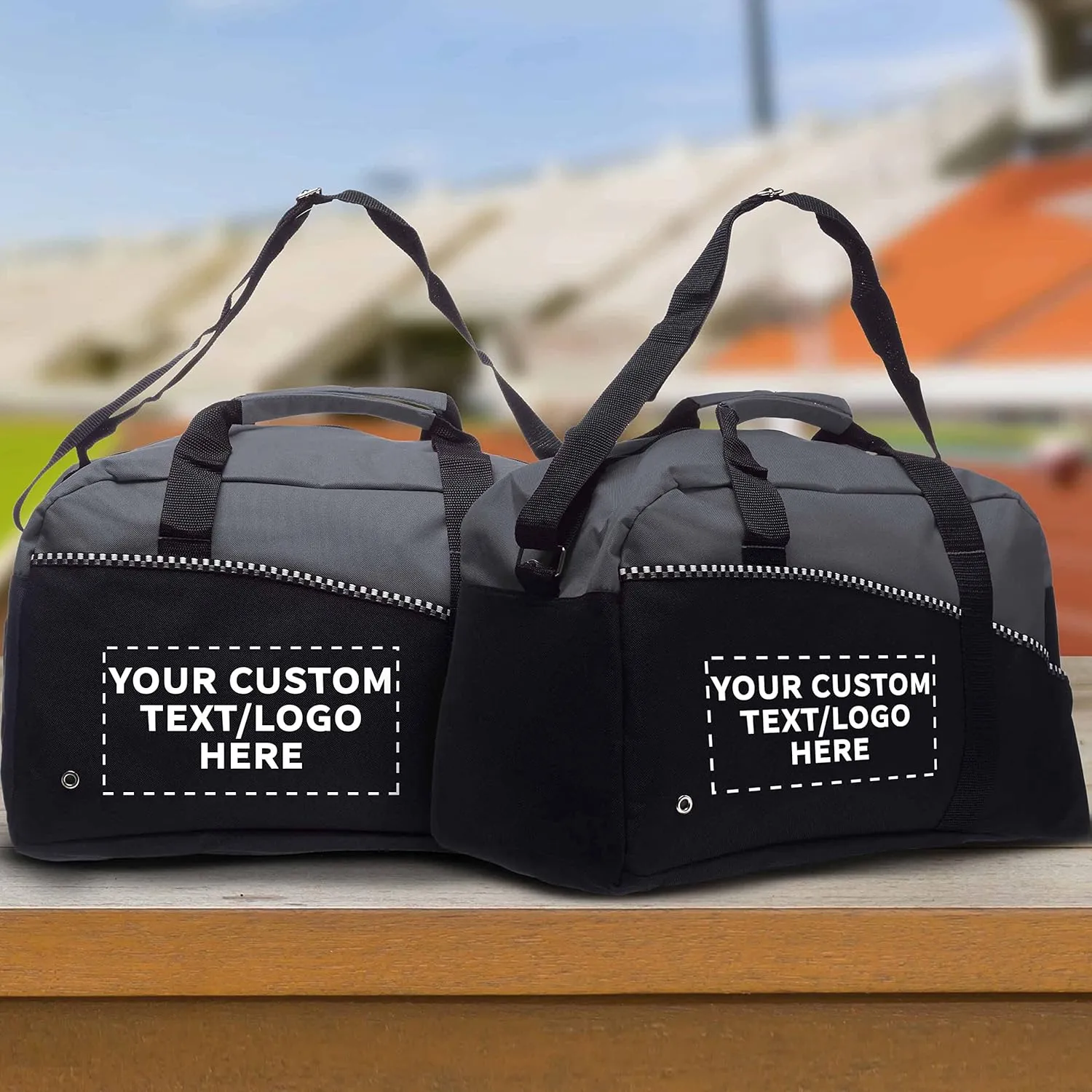 12 Center Court Duffel Bags Set - Customizable Text, Logo - Polyester, Zippered, Front Pocket, Adjustable Strap - Grey