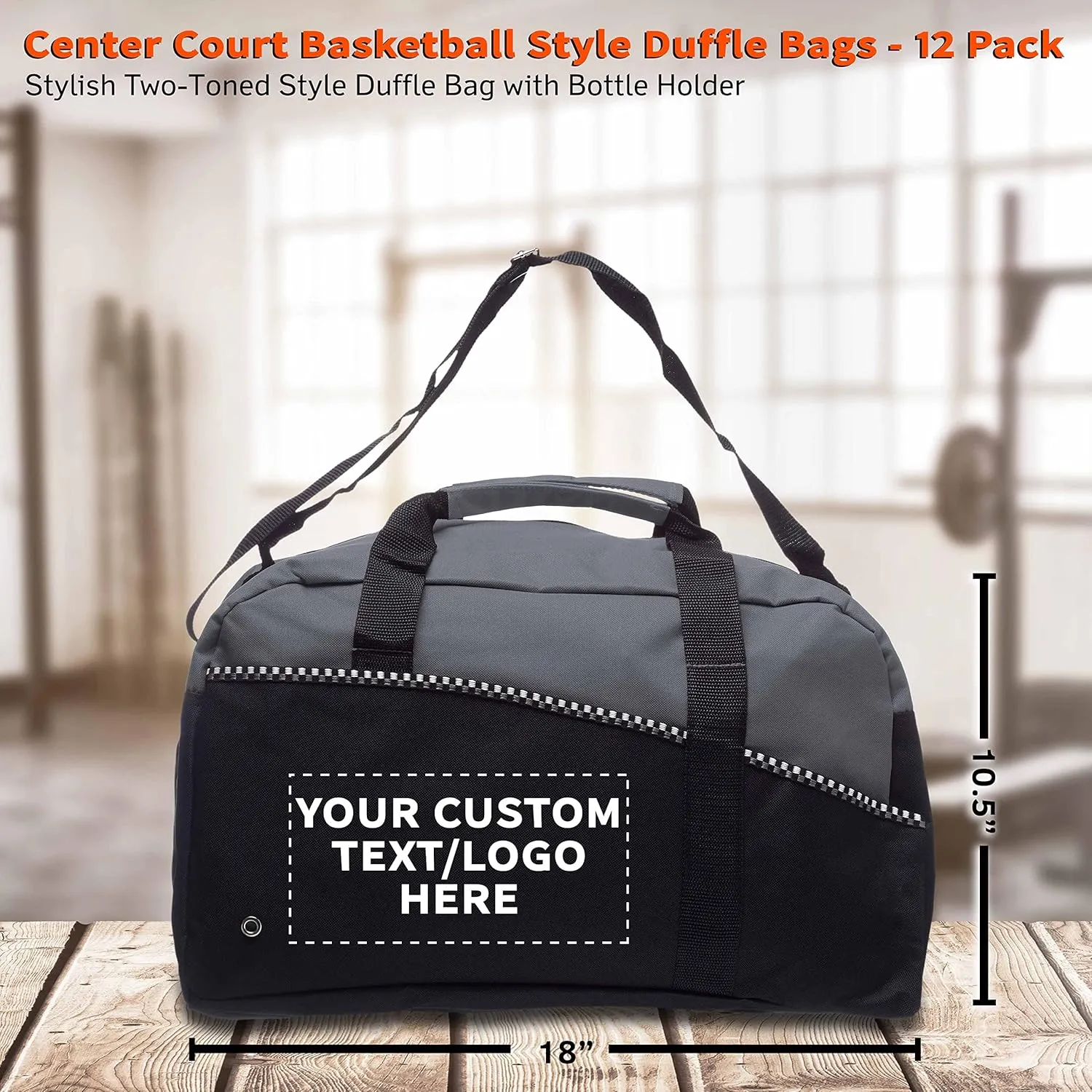 12 Center Court Duffel Bags Set - Customizable Text, Logo - Polyester, Zippered, Front Pocket, Adjustable Strap - Grey