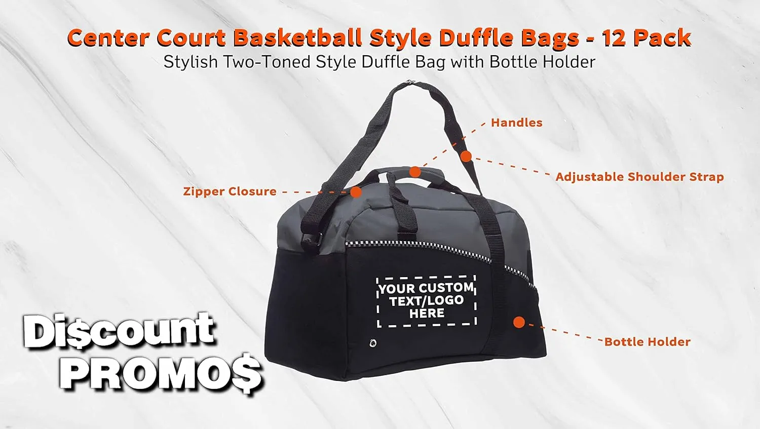 12 Center Court Duffel Bags Set - Customizable Text, Logo - Polyester, Zippered, Front Pocket, Adjustable Strap - Grey