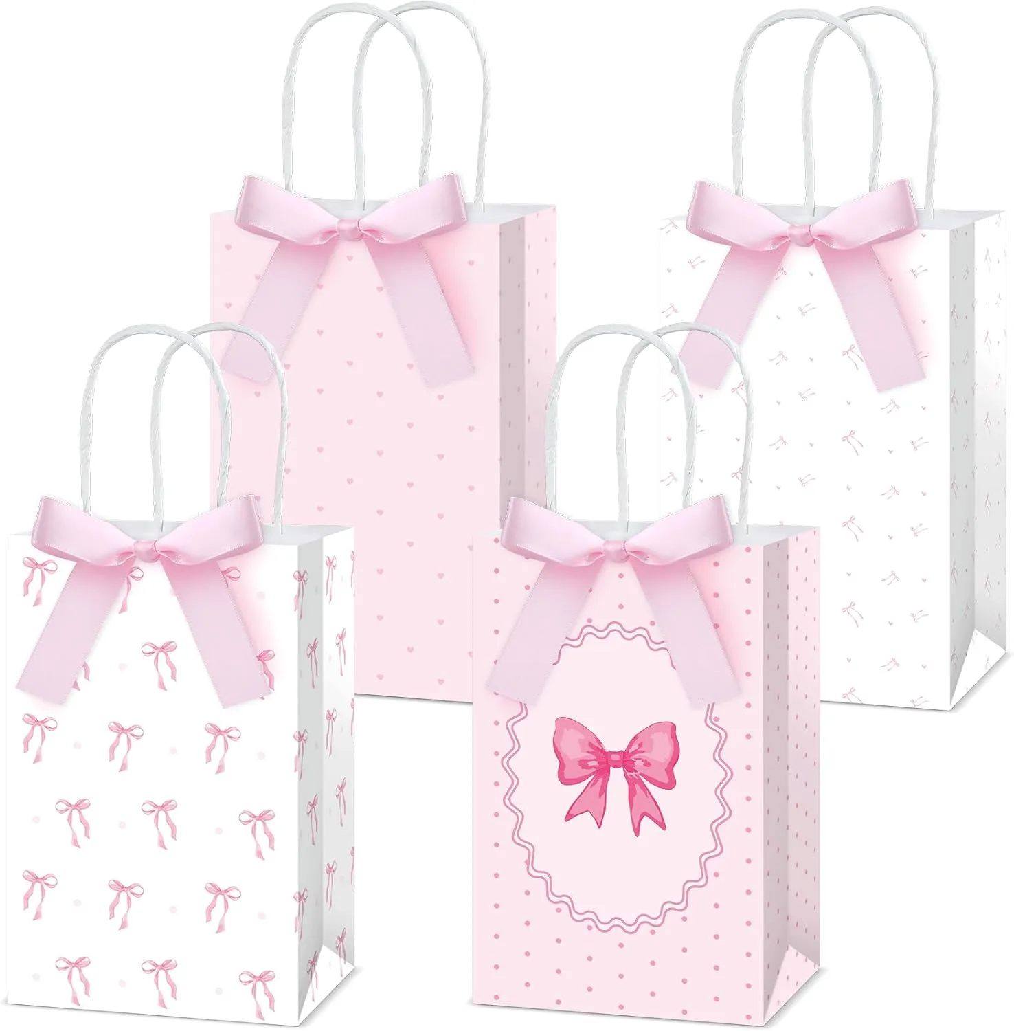 12Pcs Pink Bow Favor Bags with Handle and Pink Bow Knot Paper Gift Bags Coquette Party Favor Bags Candy Goodie Bags for Girls Women Birthday Engagement Baby Bridal Shower Bachelorette Party Supplies