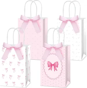 12Pcs Pink Bow Favor Bags with Handle and Pink Bow Knot Paper Gift Bags Coquette Party Favor Bags Candy Goodie Bags for Girls Women Birthday Engagement Baby Bridal Shower Bachelorette Party Supplies