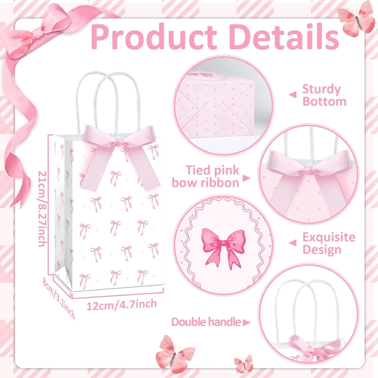 12Pcs Pink Bow Favor Bags with Handle and Pink Bow Knot Paper Gift Bags Coquette Party Favor Bags Candy Goodie Bags for Girls Women Birthday Engagement Baby Bridal Shower Bachelorette Party Supplies