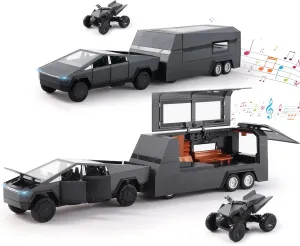 1/32 Alloy Car Trucks Toy Pickup Trailer RV Model Kit with Beach Motorcycle, Diecast Alloy Metal RV Car Model Toys with Sound Light and Pull Back Power,Christmas Birthday Gift for Boy Girl-Green