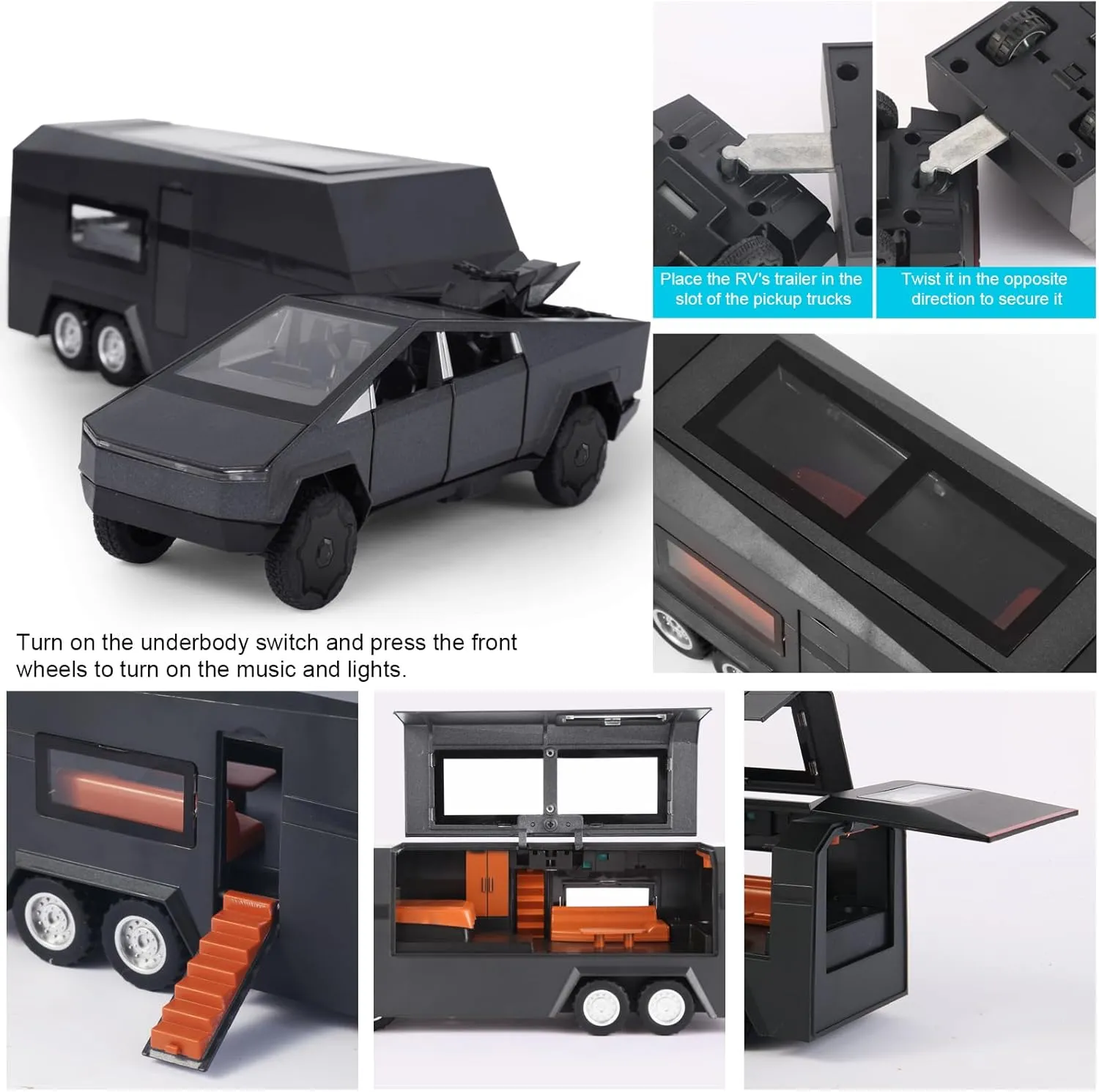 1/32 Alloy Car Trucks Toy Pickup Trailer RV Model Kit with Beach Motorcycle, Diecast Alloy Metal RV Car Model Toys with Sound Light and Pull Back Power,Christmas Birthday Gift for Boy Girl-Green