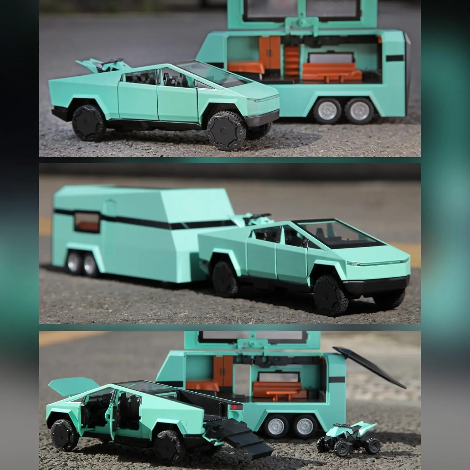 1/32 Alloy Car Trucks Toy Pickup Trailer RV Model Kit with Beach Motorcycle, Diecast Alloy Metal RV Car Model Toys with Sound Light and Pull Back Power,Christmas Birthday Gift for Boy Girl-Green