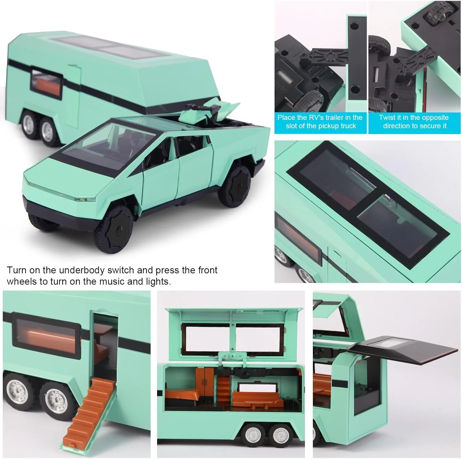 1/32 Alloy Car Trucks Toy Pickup Trailer RV Model Kit with Beach Motorcycle, Diecast Alloy Metal RV Car Model Toys with Sound Light and Pull Back Power,Christmas Birthday Gift for Boy Girl-Green