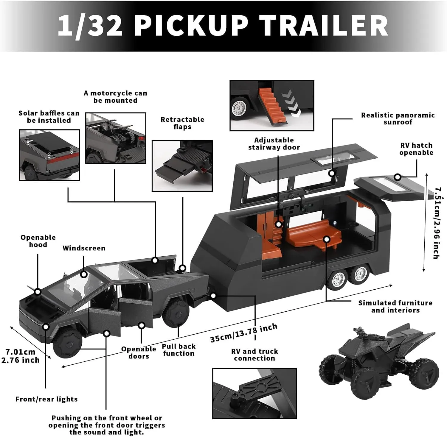 1/32 Alloy Car Trucks Toy Pickup Trailer RV Model Kit with Beach Motorcycle, Diecast Alloy Metal RV Car Model Toys with Sound Light and Pull Back Power,Christmas Birthday Gift for Boy Girl-Green