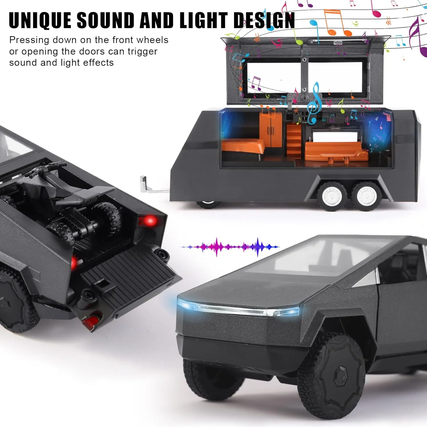 1/32 Alloy Car Trucks Toy Pickup Trailer RV Model Kit with Beach Motorcycle, Diecast Alloy Metal RV Car Model Toys with Sound Light and Pull Back Power,Christmas Birthday Gift for Boy Girl-Green