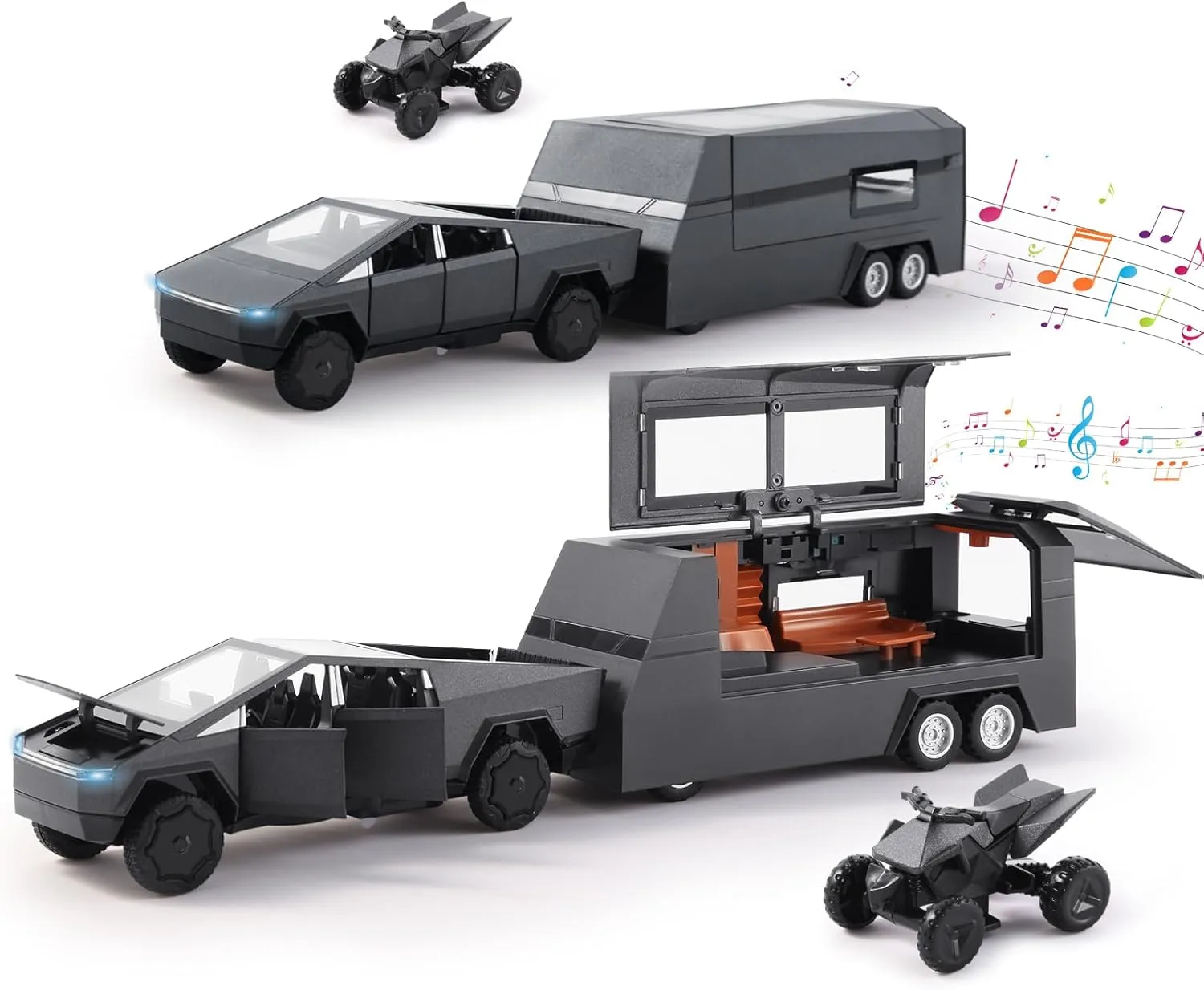 1/32 Alloy Car Trucks Toy Pickup Trailer RV Model Kit with Beach Motorcycle, Diecast Alloy Metal RV Car Model Toys with Sound Light and Pull Back Power,Christmas Birthday Gift for Boy Girl-Green