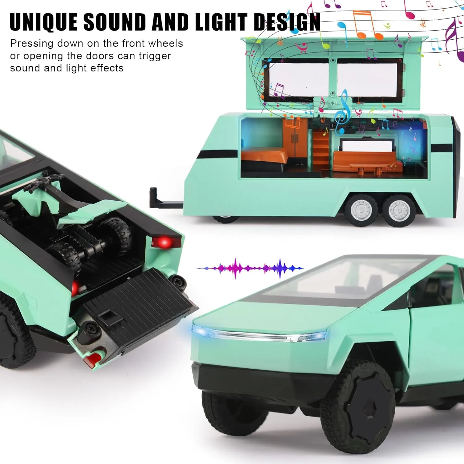 1/32 Alloy Car Trucks Toy Pickup Trailer RV Model Kit with Beach Motorcycle, Diecast Alloy Metal RV Car Model Toys with Sound Light and Pull Back Power,Christmas Birthday Gift for Boy Girl-Green