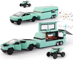 1/32 Alloy Car Trucks Toy Pickup Trailer RV Model Kit with Beach Motorcycle, Diecast Alloy Metal RV Car Model Toys with Sound Light and Pull Back Power,Christmas Birthday Gift for Boy Girl-Green
