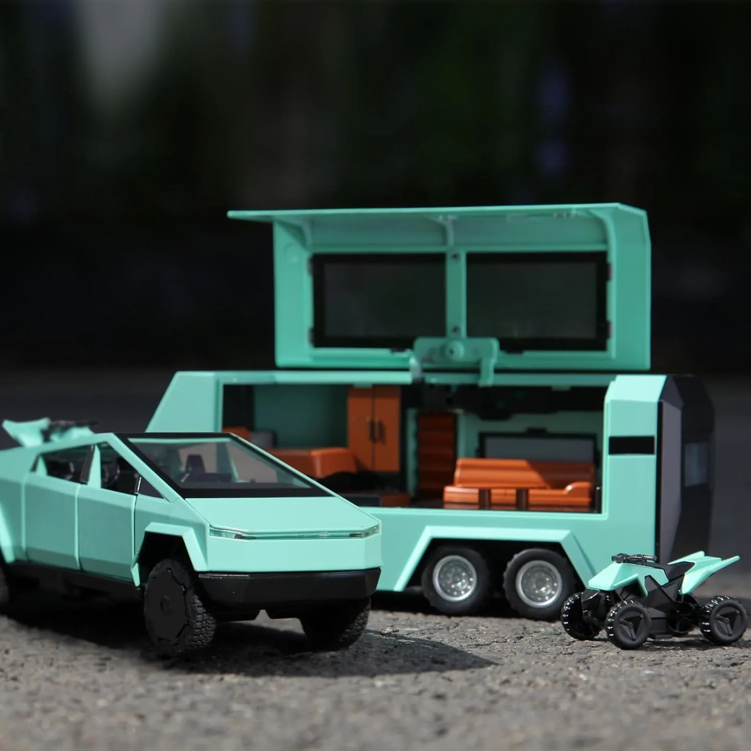 1/32 Alloy Car Trucks Toy Pickup Trailer RV Model Kit with Beach Motorcycle, Diecast Alloy Metal RV Car Model Toys with Sound Light and Pull Back Power,Christmas Birthday Gift for Boy Girl-Green