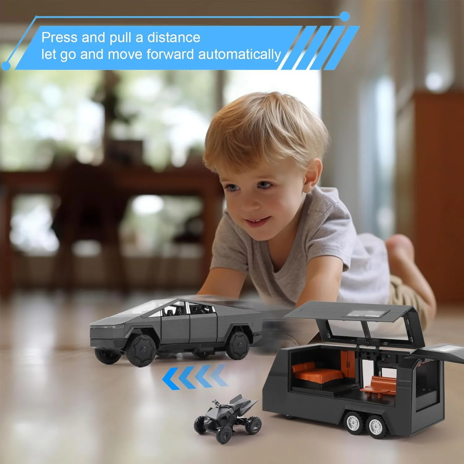 1/32 Alloy Car Trucks Toy Pickup Trailer RV Model Kit with Beach Motorcycle, Diecast Alloy Metal RV Car Model Toys with Sound Light and Pull Back Power,Christmas Birthday Gift for Boy Girl-Green