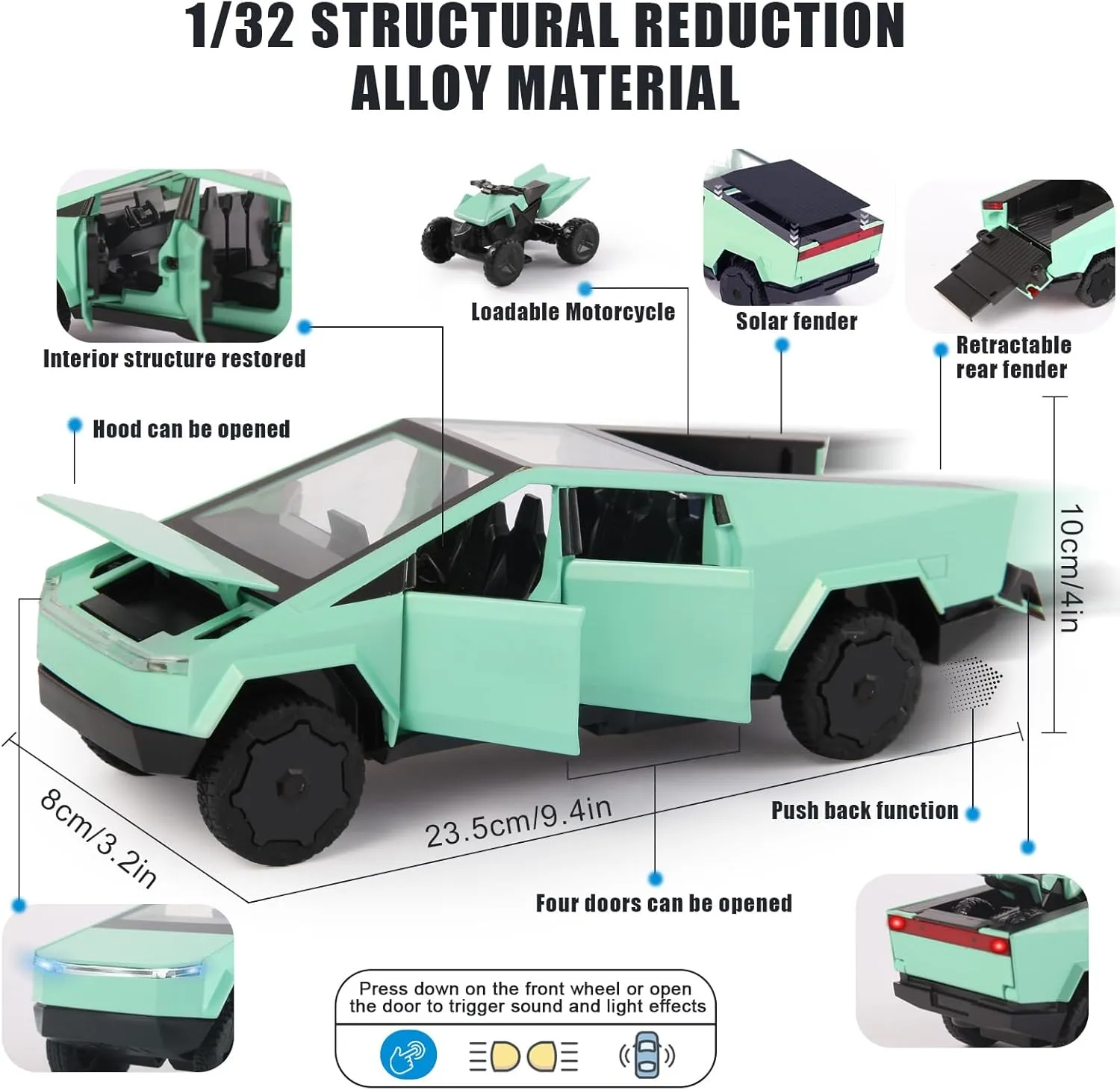 1/32 Alloy Car Trucks Toy Pickup Trailer RV Model Kit with Beach Motorcycle, Diecast Alloy Metal RV Car Model Toys with Sound Light and Pull Back Power,Christmas Birthday Gift for Boy Girl-Green