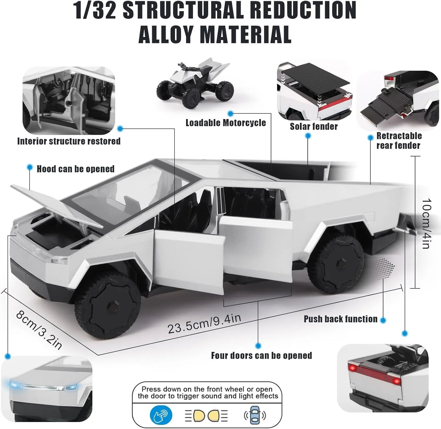1/32 Alloy Car Trucks Toy Pickup Trailer RV Model Kit with Beach Motorcycle, Diecast Alloy Metal RV Car Model Toys with Sound Light and Pull Back Power,Christmas Birthday Gift for Boy Girl-Silver