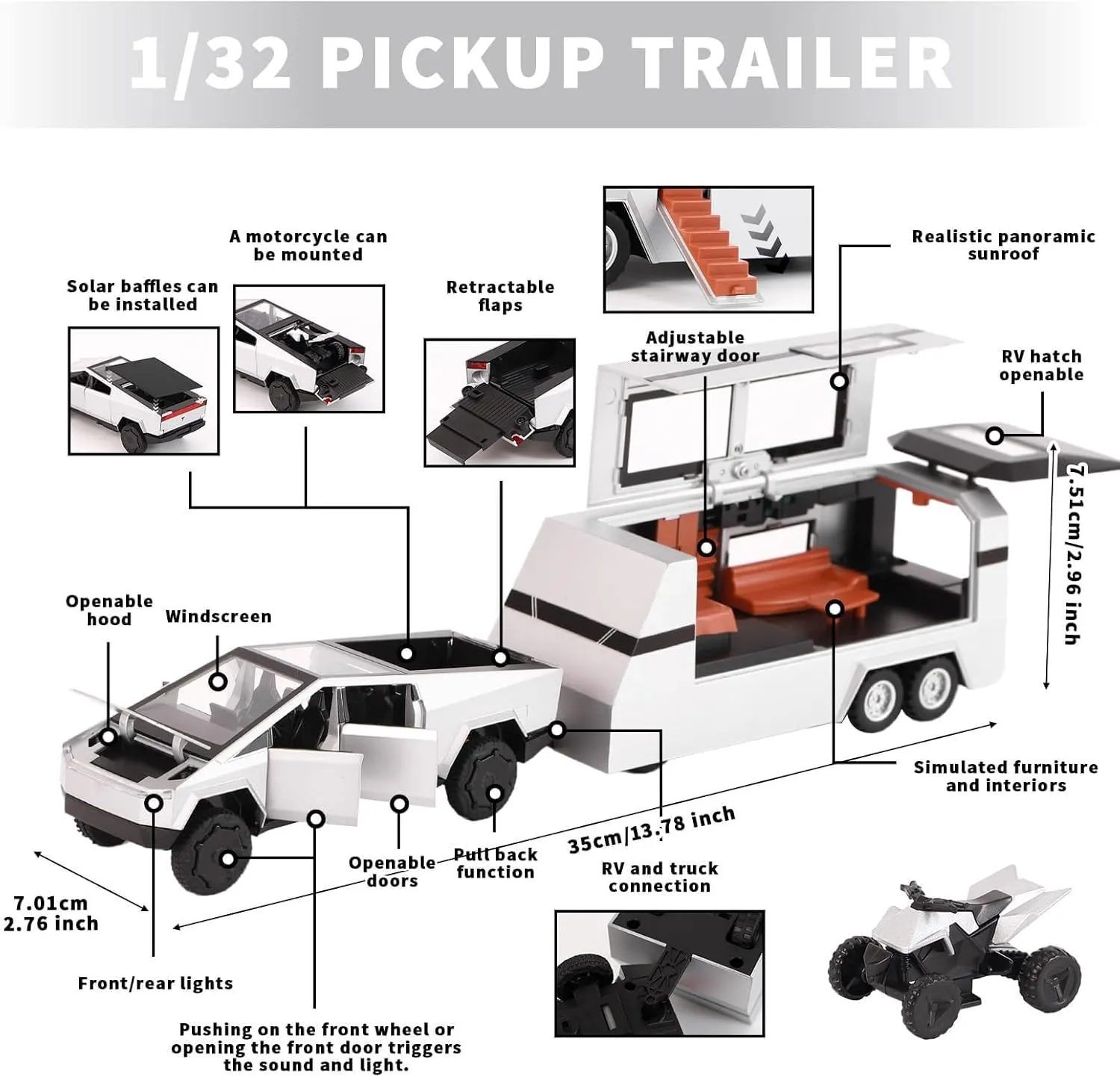 1/32 Alloy Car Trucks Toy Pickup Trailer RV Model Kit with Beach Motorcycle, Diecast Alloy Metal RV Car Model Toys with Sound Light and Pull Back Power,Christmas Birthday Gift for Boy Girl-Silver
