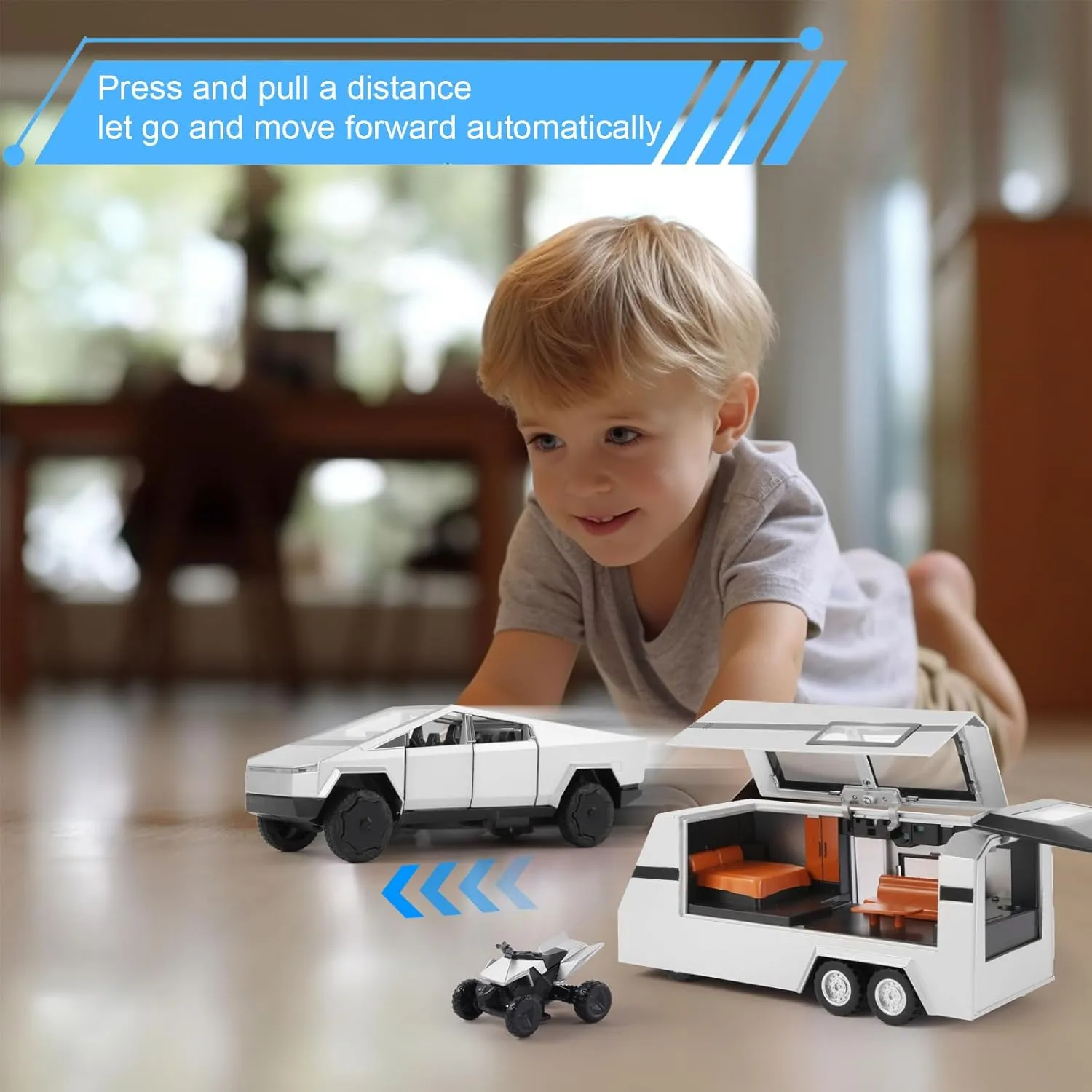 1/32 Alloy Car Trucks Toy Pickup Trailer RV Model Kit with Beach Motorcycle, Diecast Alloy Metal RV Car Model Toys with Sound Light and Pull Back Power,Christmas Birthday Gift for Boy Girl-Silver