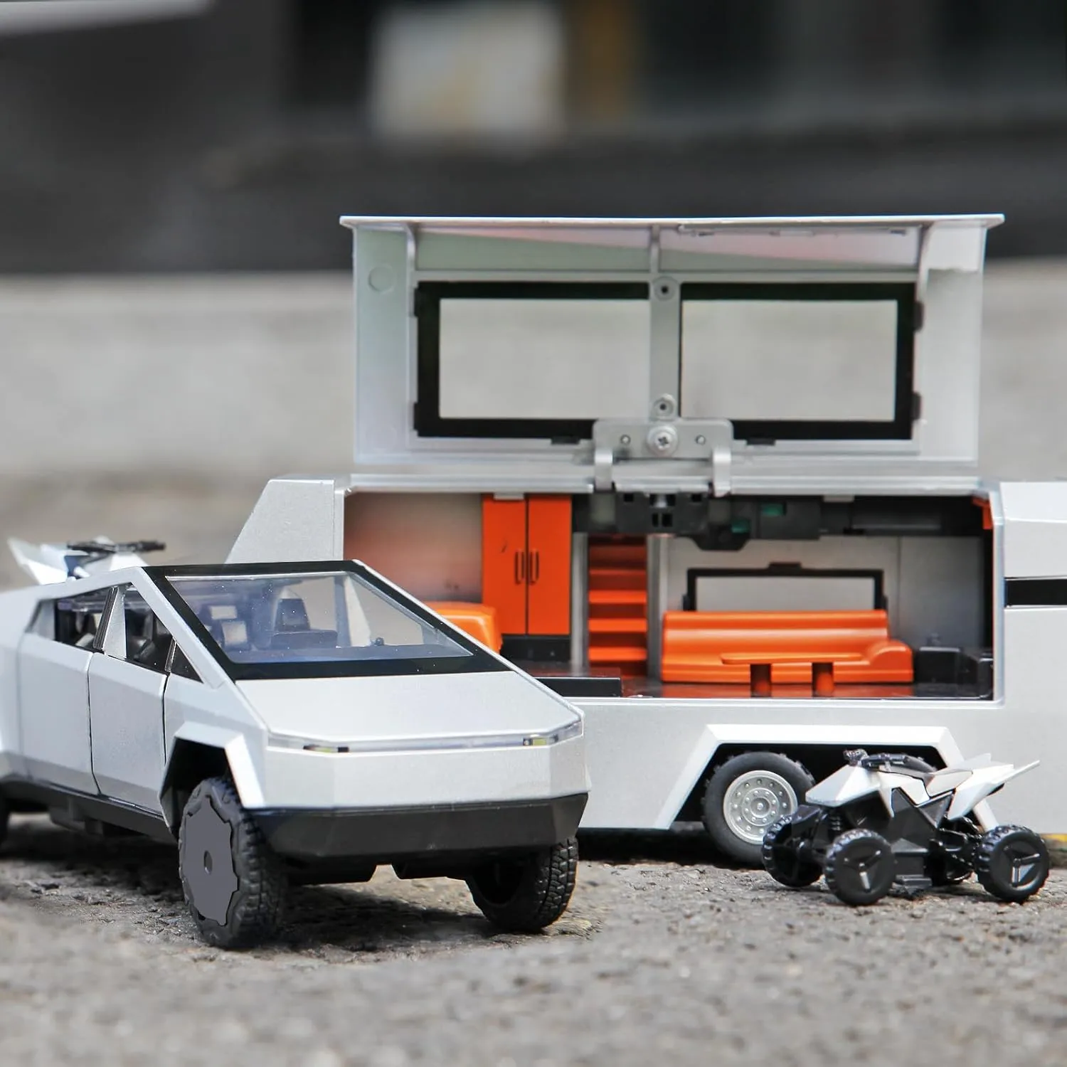1/32 Alloy Car Trucks Toy Pickup Trailer RV Model Kit with Beach Motorcycle, Diecast Alloy Metal RV Car Model Toys with Sound Light and Pull Back Power,Christmas Birthday Gift for Boy Girl-Silver