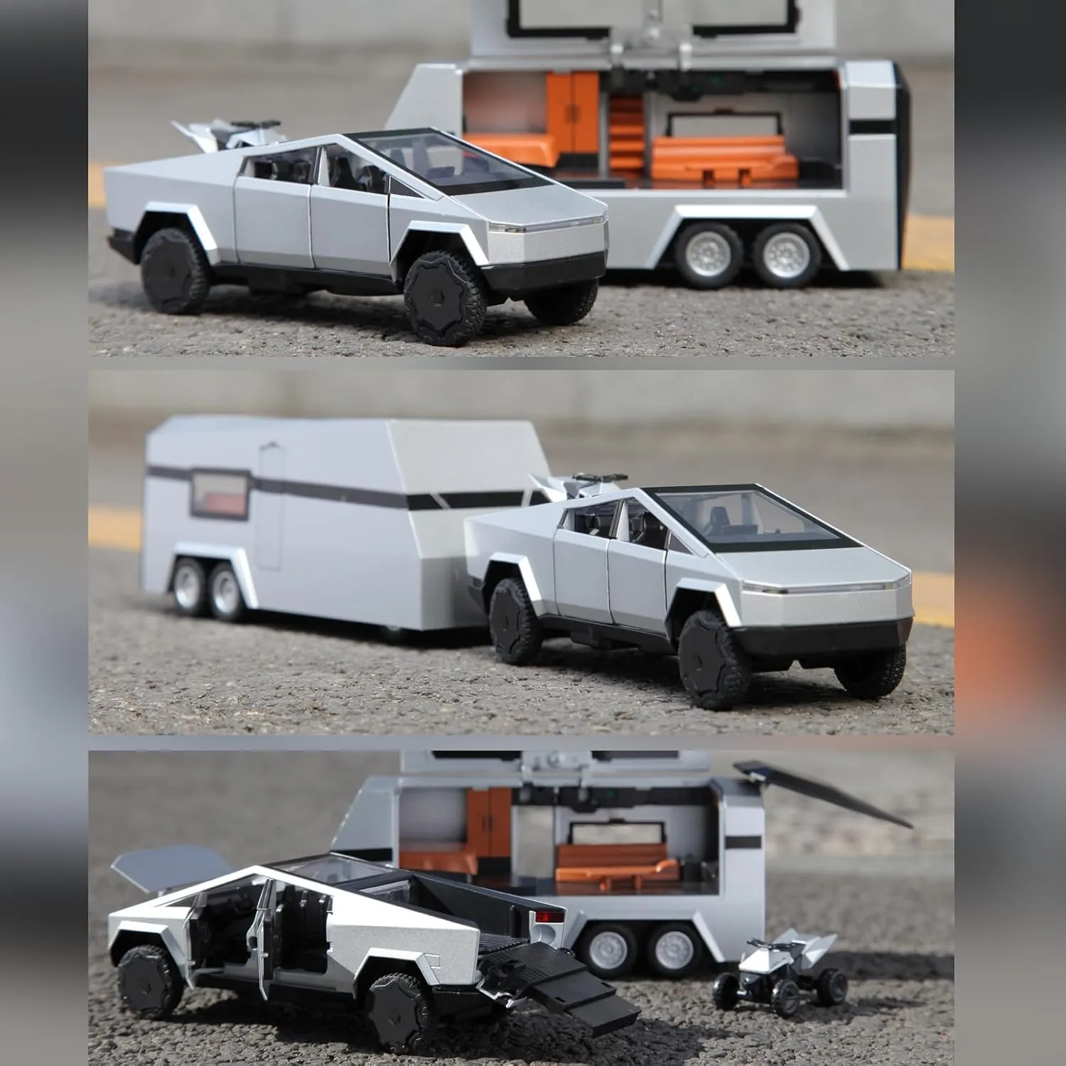 1/32 Alloy Car Trucks Toy Pickup Trailer RV Model Kit with Beach Motorcycle, Diecast Alloy Metal RV Car Model Toys with Sound Light and Pull Back Power,Christmas Birthday Gift for Boy Girl-Silver