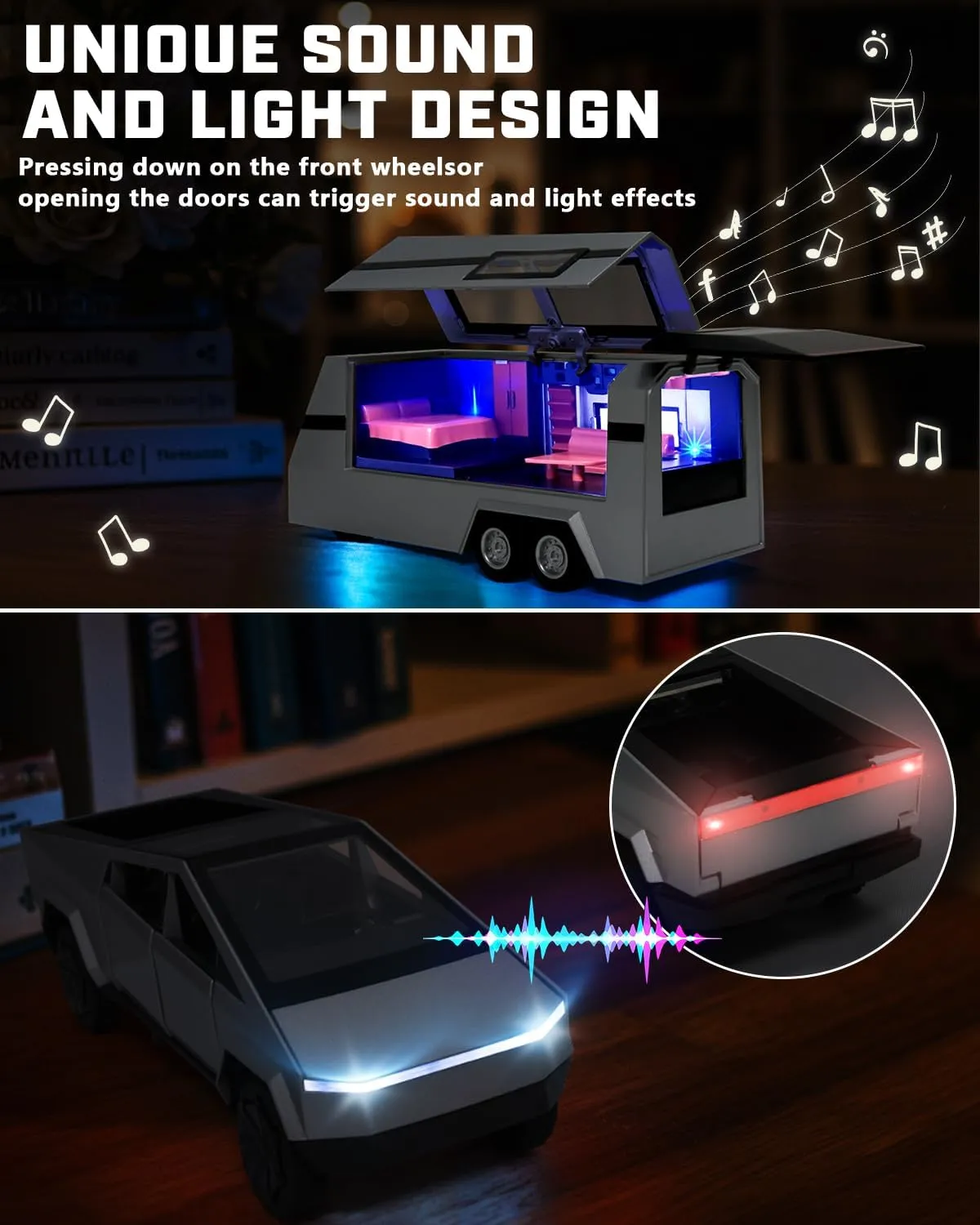 1/32 Alloy Car Trucks Toy Pickup Trailer RV Model Kit with Beach Motorcycle, Diecast Alloy Metal RV Car Model Toys with Sound Light and Pull Back Power,Christmas Birthday Gift for Boy Girl-Silver