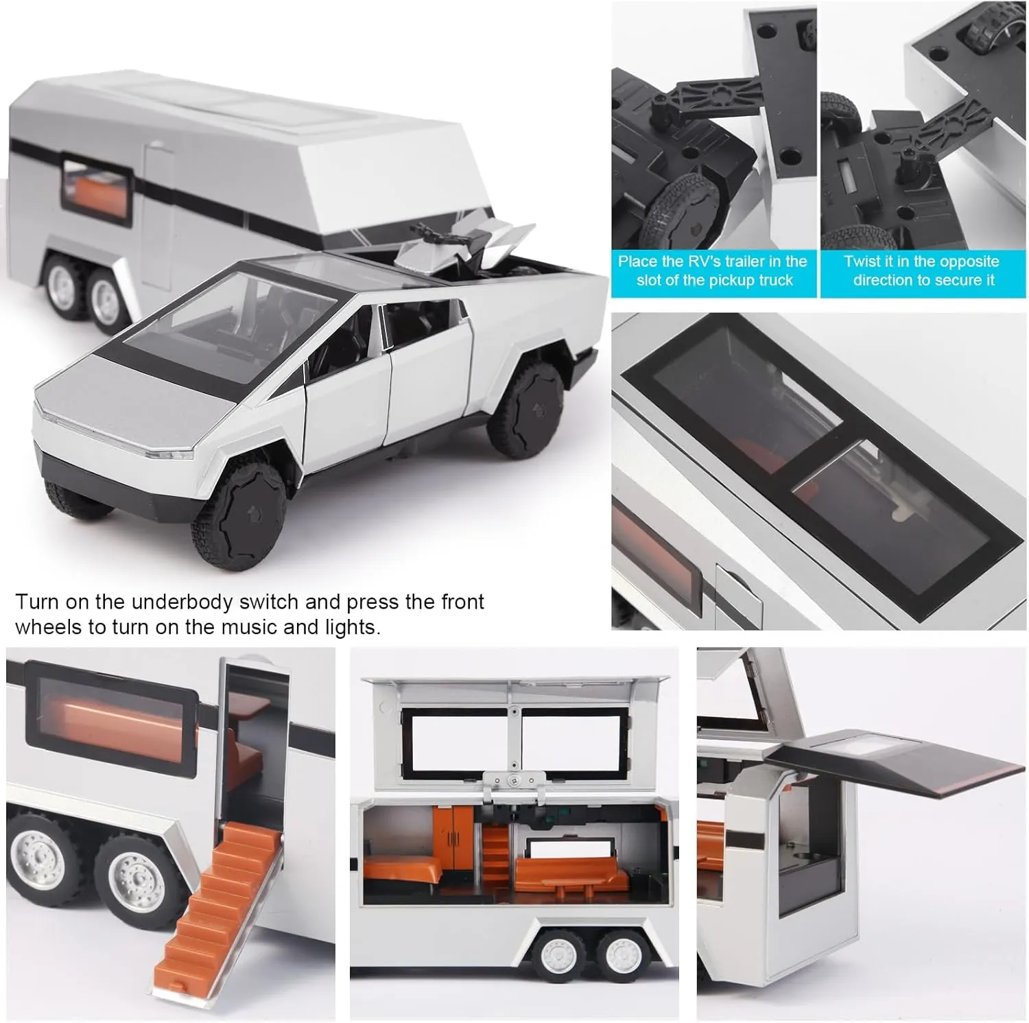 1/32 Alloy Car Trucks Toy Pickup Trailer RV Model Kit with Beach Motorcycle, Diecast Alloy Metal RV Car Model Toys with Sound Light and Pull Back Power,Christmas Birthday Gift for Boy Girl-Silver