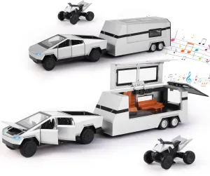 1/32 Alloy Car Trucks Toy Pickup Trailer RV Model Kit with Beach Motorcycle, Diecast Alloy Metal RV Car Model Toys with Sound Light and Pull Back Power,Christmas Birthday Gift for Boy Girl-Silver