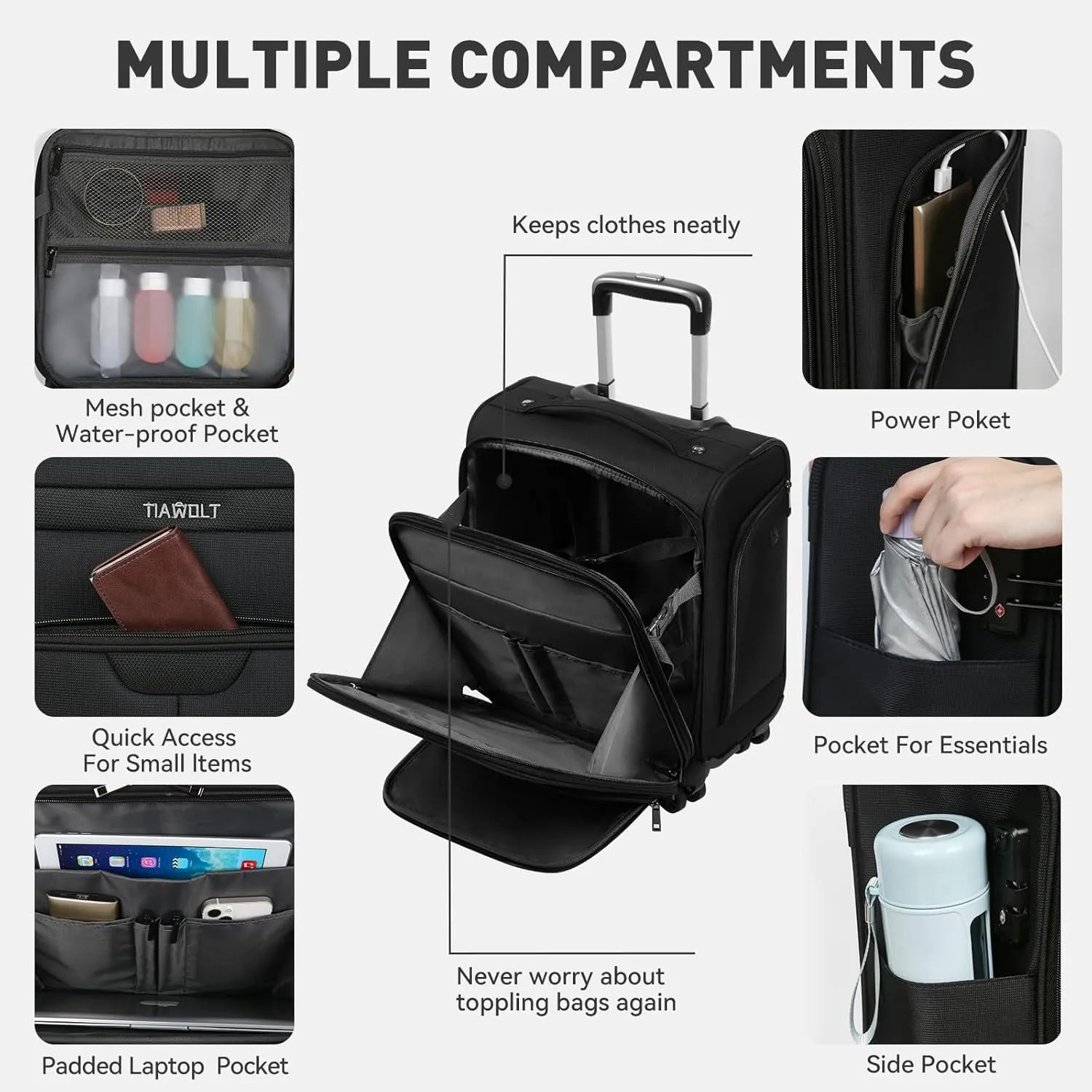 16 Inch Underseat Carry on Luggage With Wheels Soft side Lightweight Business Travel Small Suitcases Bag with TSA lock for Airlines,Men Women, Pilots Crew,Black