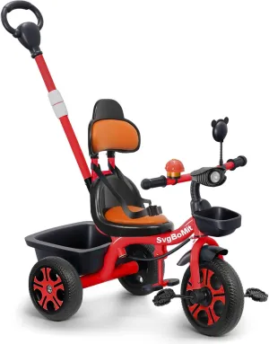 2 in 1 Toddler Tricycle with Adjustable Parent Push Handle, Bell, Mirror, Windmill, Floating Belt for Kids, Musical Lights, 3 Wheeled Stroller Gift for Kids 2-5 Years (EVA Wheels) (Red)