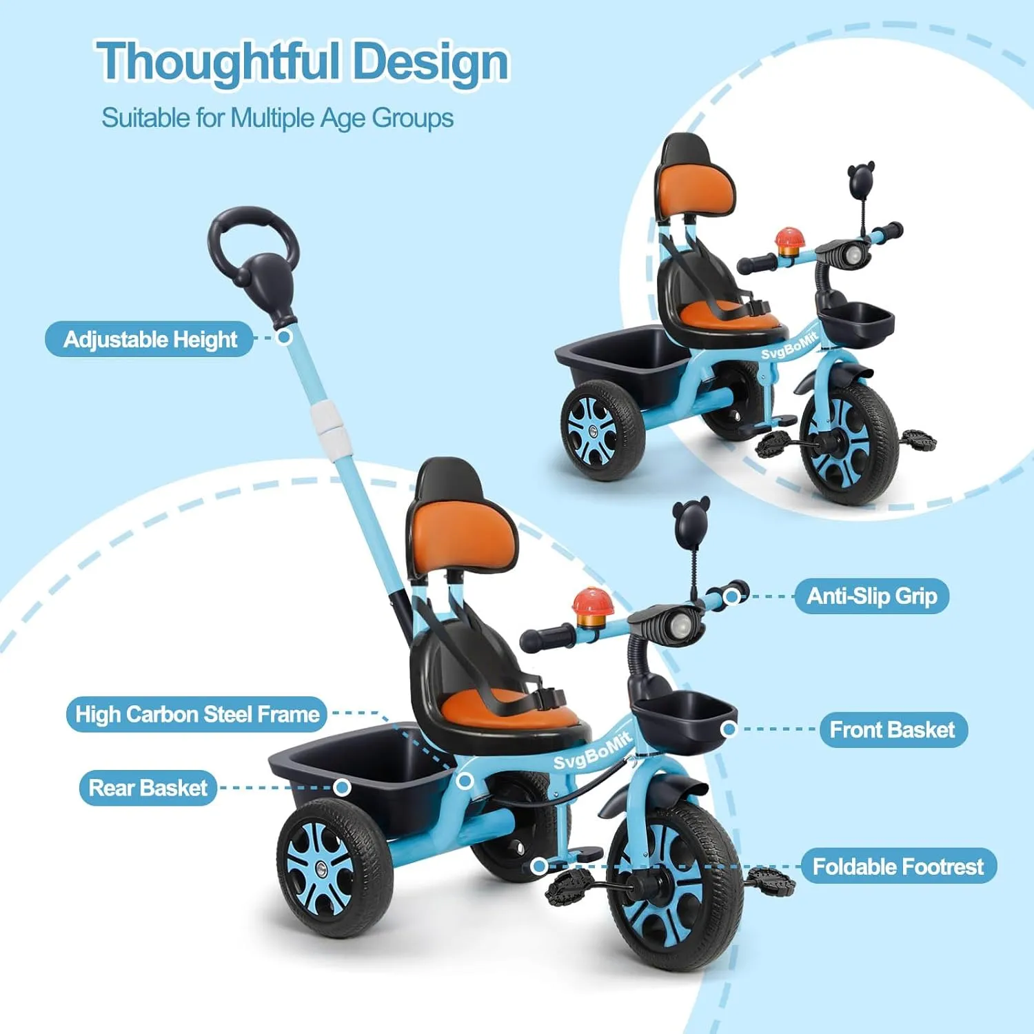 2 in 1 Toddler Tricycle with Adjustable Parent Push Handle, Bell, Mirror, Windmill, Floating Belt for Kids, Musical Lights, 3 Wheeled Stroller Gift for Kids 2-5 Years (EVA Wheels) (Red)