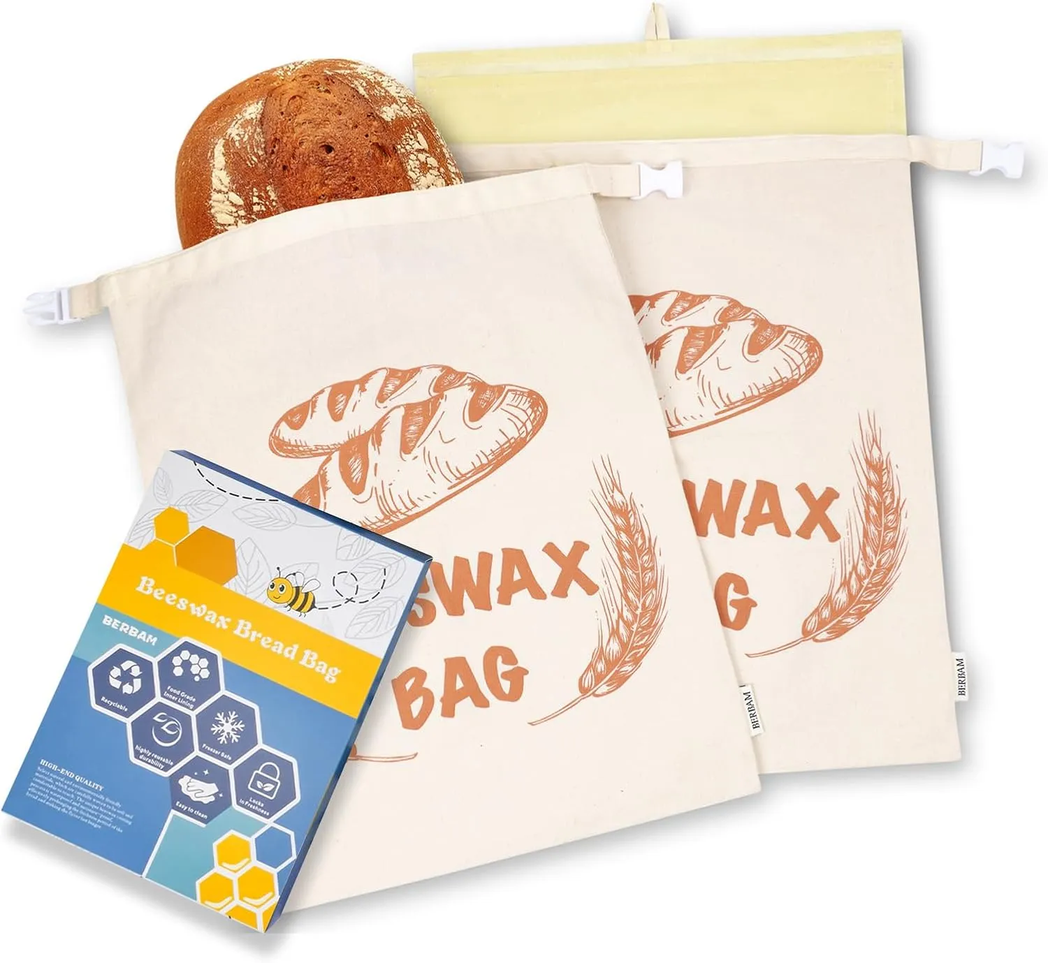 2-Pack XL Reusable Bread Bags For Homemade Bread With Removable Cotton Beeswax Lining, 13x17 Inches Ideal Bag For Home Baking