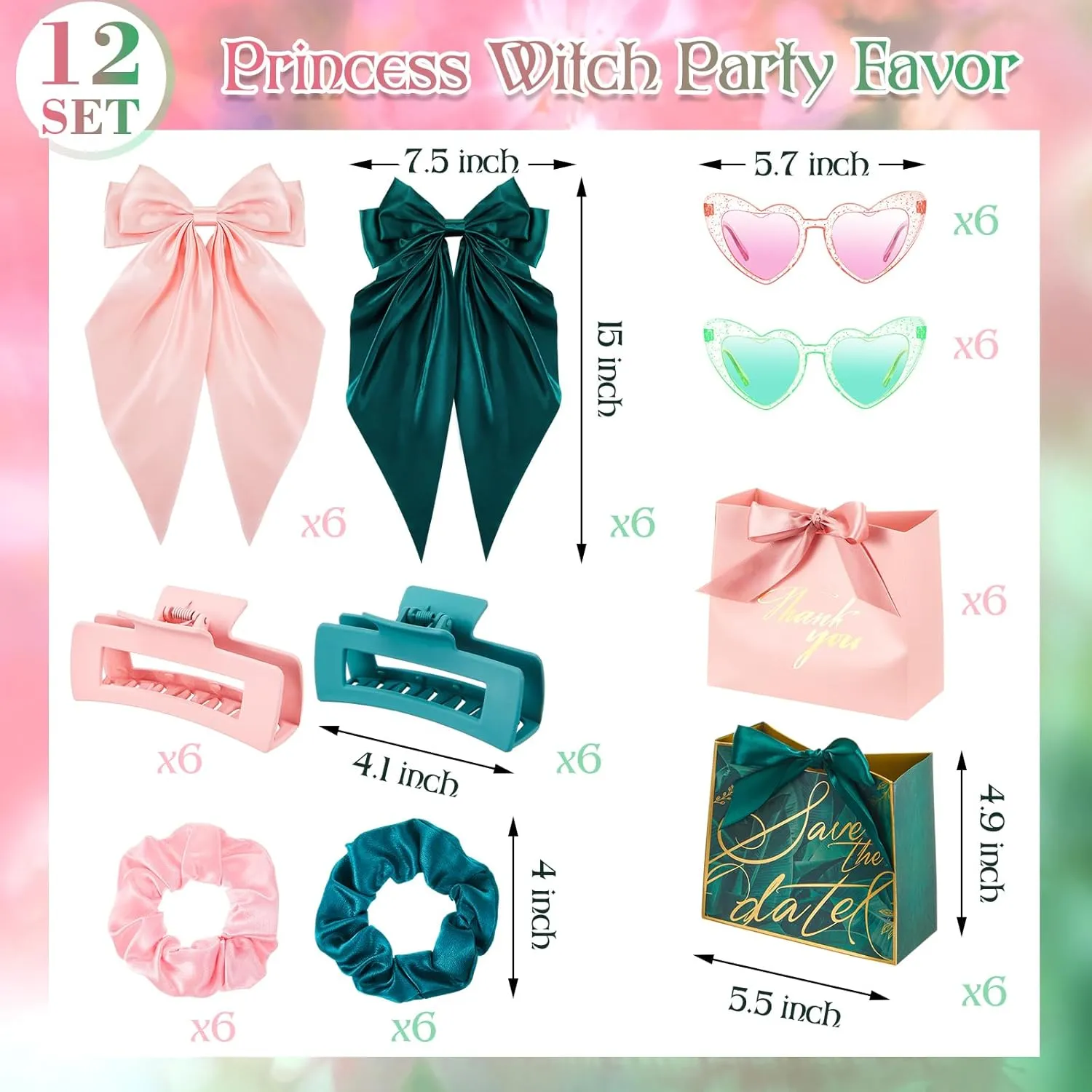 2 Sets/ 10 Pcs Witch Party Favor Supplies Green and Pink Hair Scrunchies Heart Sunglasses Large Ribbon Bow Hair Clips Square Claw Clips Gift Bag for Pink Green Witch Princess Themed Party