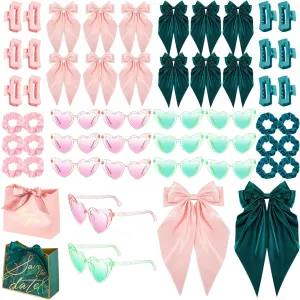 2 Sets/ 10 Pcs Witch Party Favor Supplies Green and Pink Hair Scrunchies Heart Sunglasses Large Ribbon Bow Hair Clips Square Claw Clips Gift Bag for Pink Green Witch Princess Themed Party