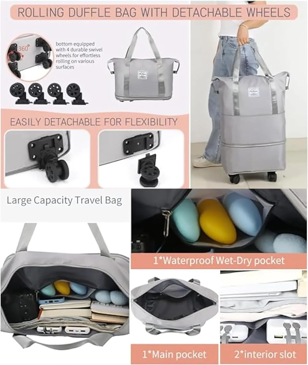 2025 Beente Travel Bag with Wheels, Large Capacity with Removable Universal Wheels Tote Luggage for Easy Travel (Pink)