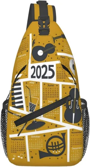 2025 Calendar Music Jazz Crossbody Bag Cross Chest Bag Adjustable Sling Backpack Sports Gym Shoulder Bags Travel Cycling Daypack Diagonally Casual Rucksack