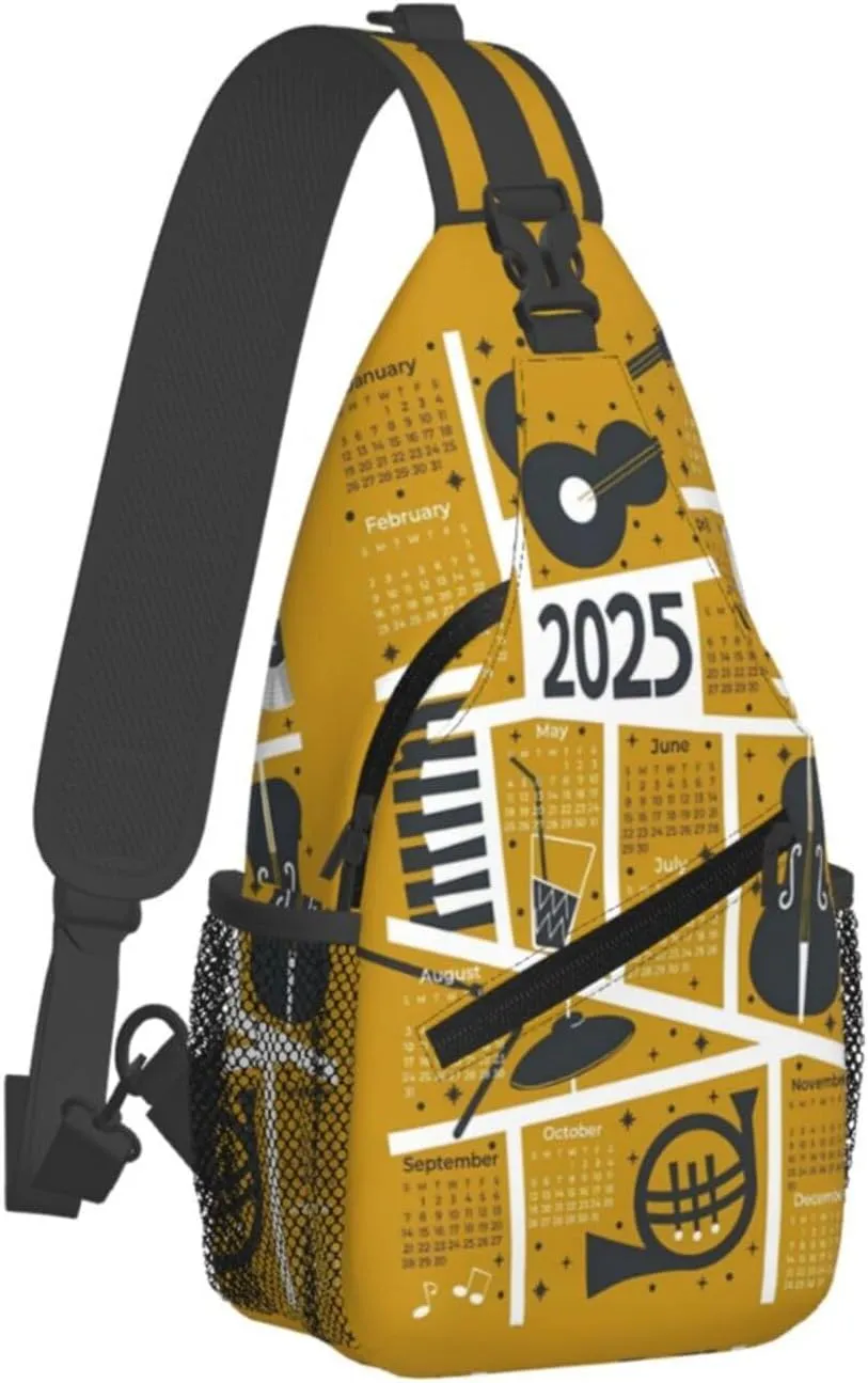 2025 Calendar Music Jazz Crossbody Bag Cross Chest Bag Adjustable Sling Backpack Sports Gym Shoulder Bags Travel Cycling Daypack Diagonally Casual Rucksack