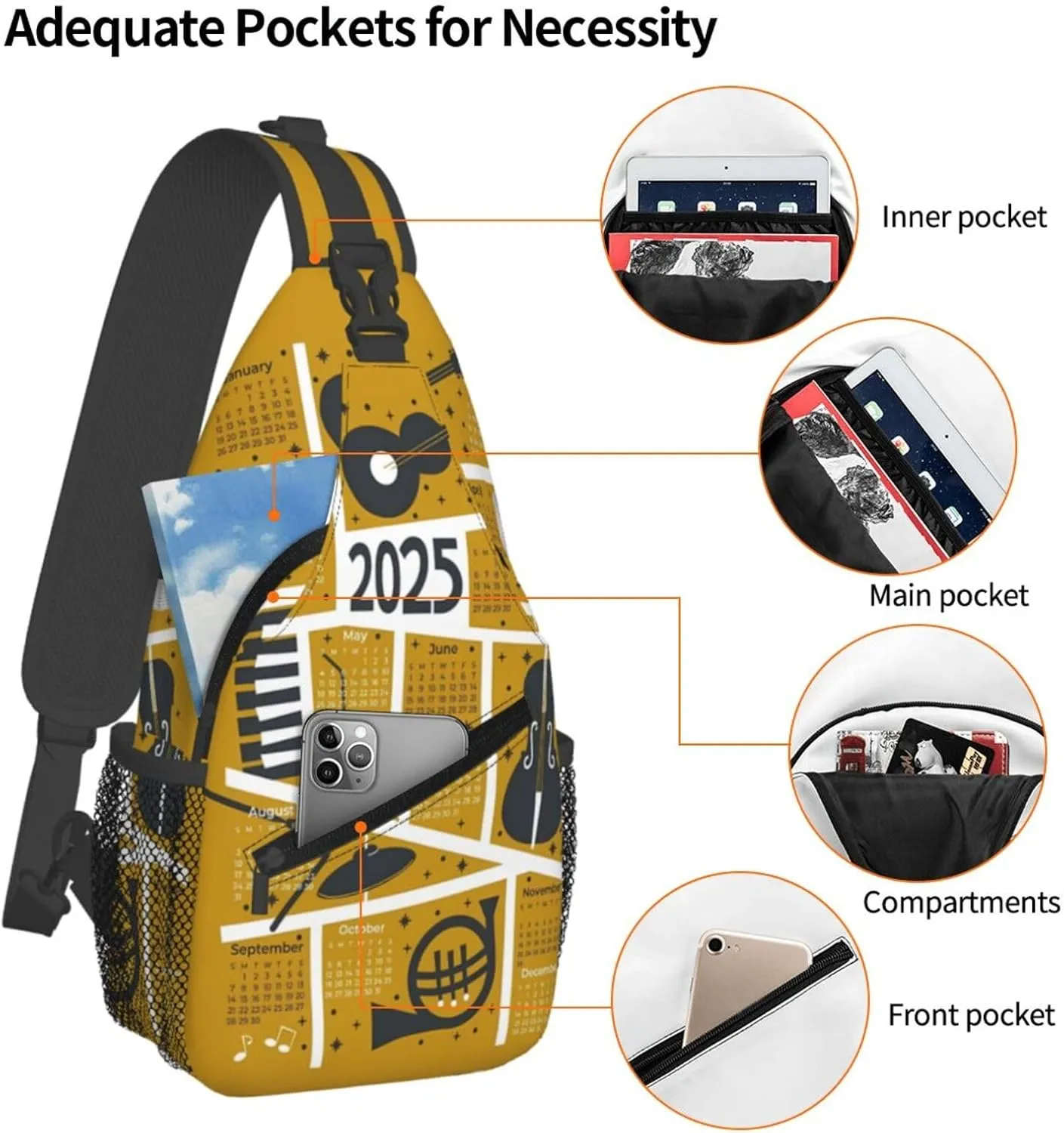 2025 Calendar Music Jazz Crossbody Bag Cross Chest Bag Adjustable Sling Backpack Sports Gym Shoulder Bags Travel Cycling Daypack Diagonally Casual Rucksack