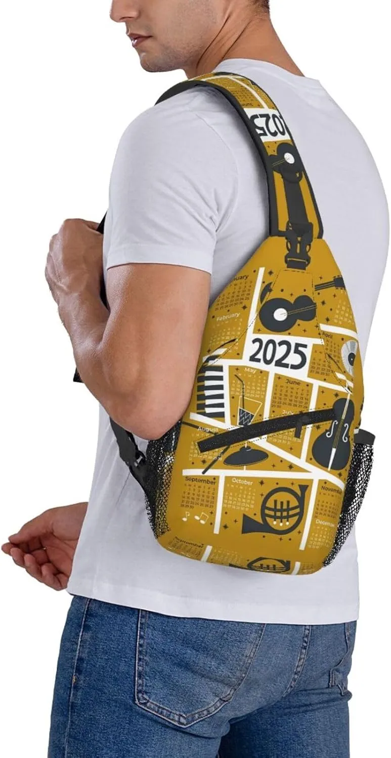 2025 Calendar Music Jazz Crossbody Bag Cross Chest Bag Adjustable Sling Backpack Sports Gym Shoulder Bags Travel Cycling Daypack Diagonally Casual Rucksack