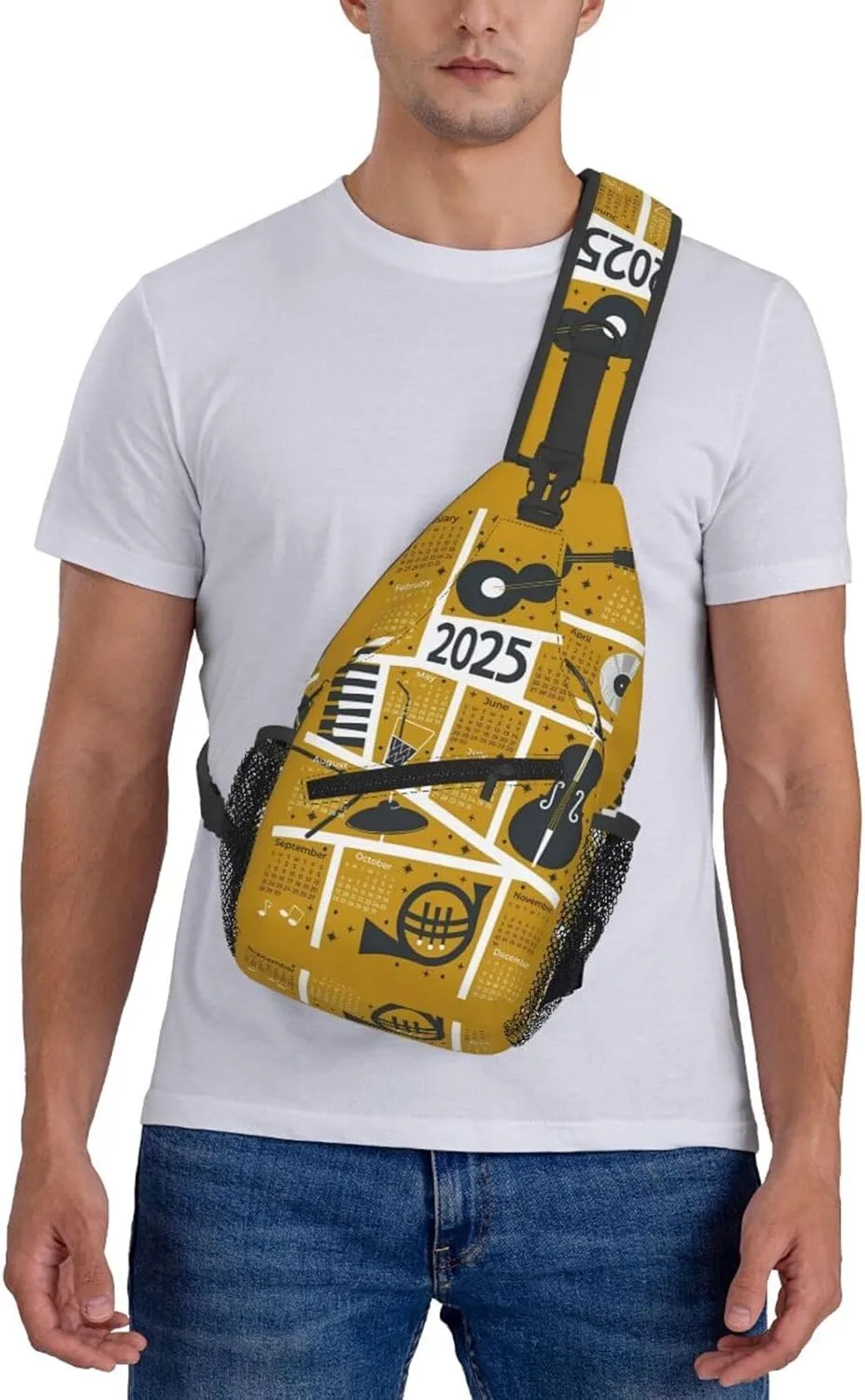 2025 Calendar Music Jazz Crossbody Bag Cross Chest Bag Adjustable Sling Backpack Sports Gym Shoulder Bags Travel Cycling Daypack Diagonally Casual Rucksack