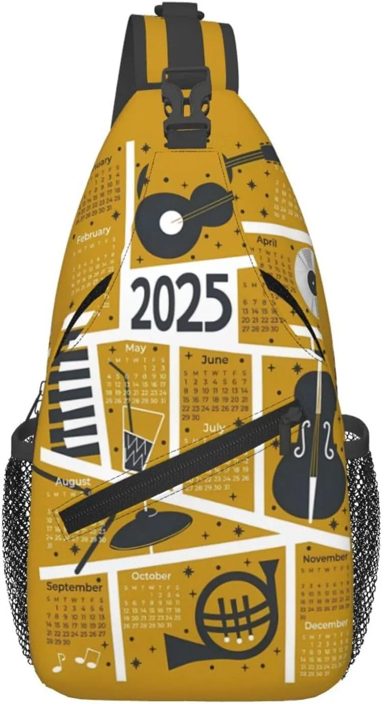 2025 Calendar Music Jazz Crossbody Bag Cross Chest Bag Adjustable Sling Backpack Sports Gym Shoulder Bags Travel Cycling Daypack Diagonally Casual Rucksack