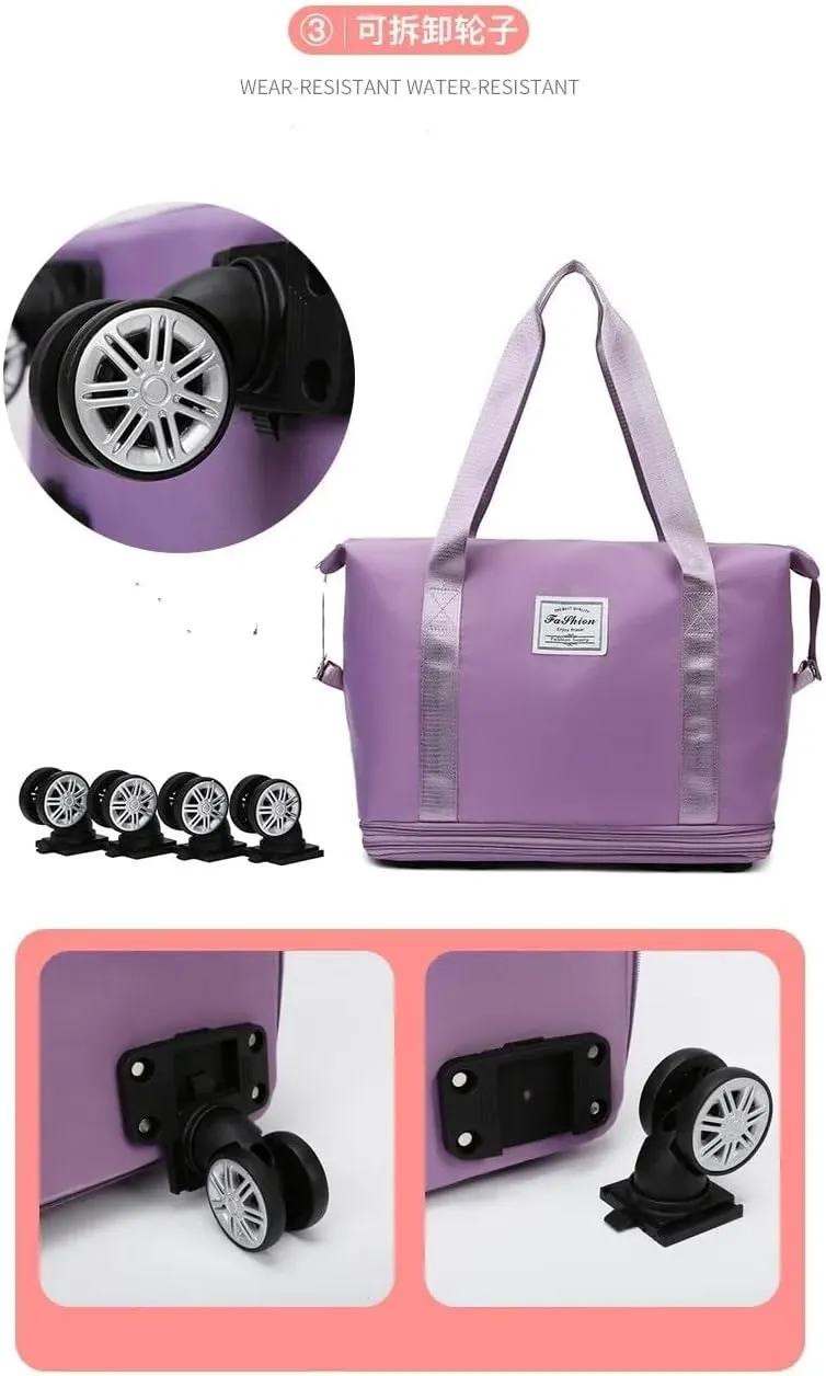 2025 New Travel Bag with Wheels, Expandable & Foldable Large Capacity Rolling Luggage, Adjustable Shoulder Strap & Detachable Wheels(Light Purple)