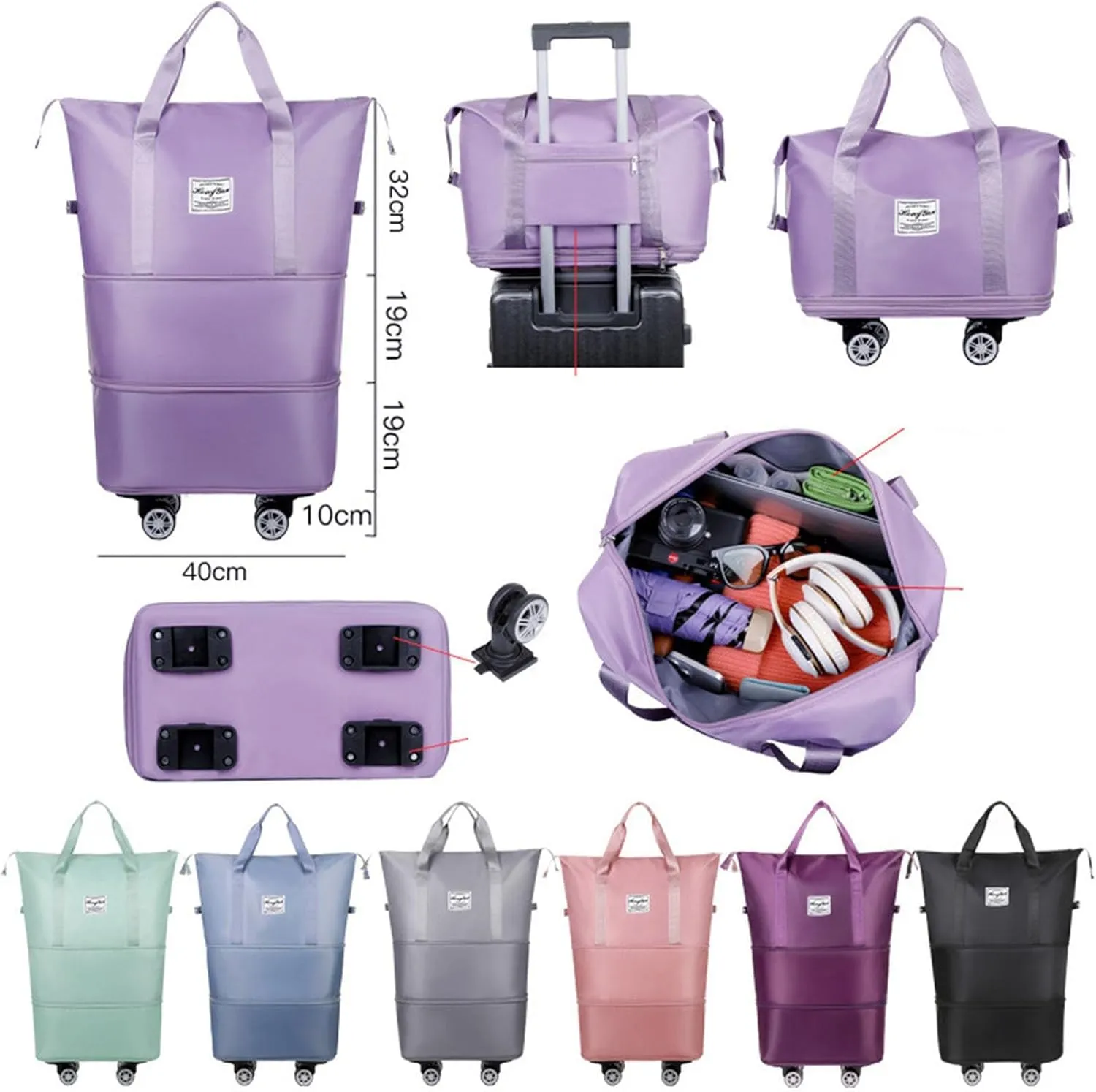 2025 New Travel Bag with Wheels, Large Capacity Travel Bag - Universal Wheel Removable, Expandable Foldable Duffle Bag, Large Capacity Wide-Open, Dry and Wet Separation (Black)