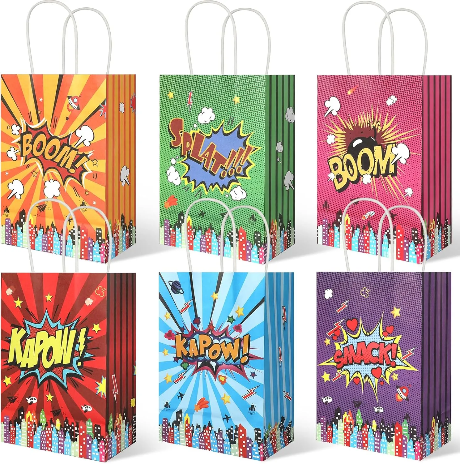 20Pcs Superhero Party Favors Bags with Handles, Comic Hero Kraft Paper Bags for Kids, Goodie Bag Candy Treat Gift Bag for Boom Hero Theme Birthday Baby Shower Party Supplies