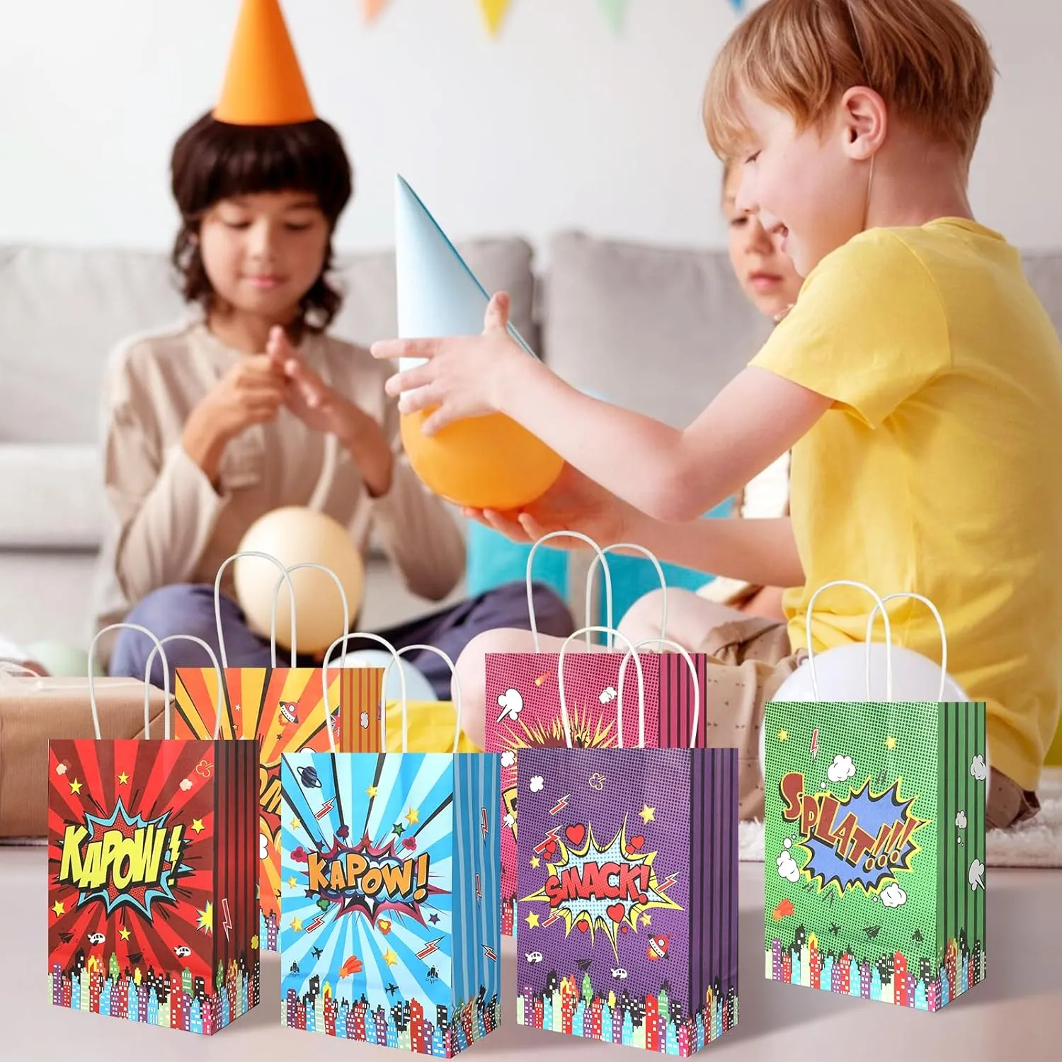 20Pcs Superhero Party Favors Bags with Handles, Comic Hero Kraft Paper Bags for Kids, Goodie Bag Candy Treat Gift Bag for Boom Hero Theme Birthday Baby Shower Party Supplies